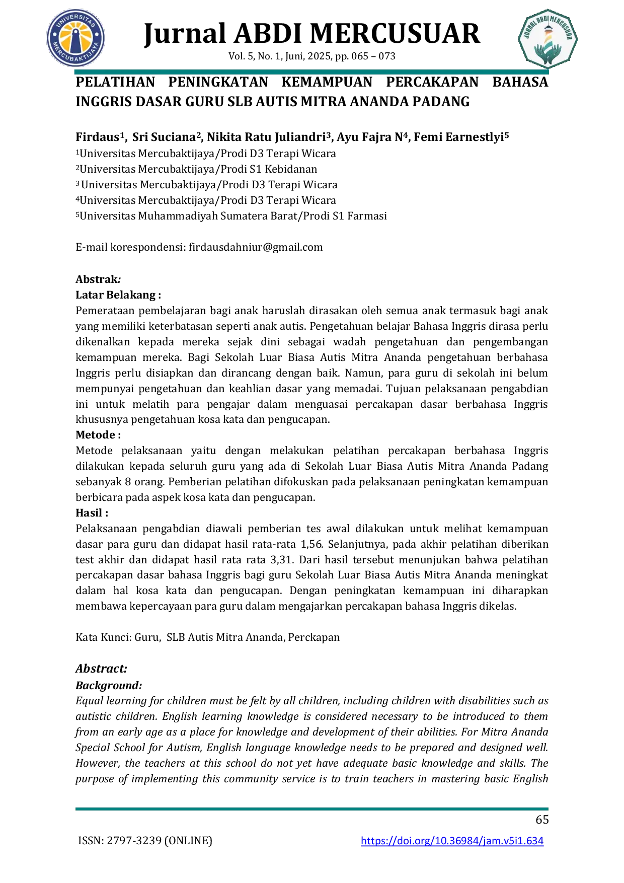 JURIS Pelatihan Peningkatan Kemampuan Percakapan Bahasa Inggris Dasar Guru SLB Autis Mitra Ananda Padang