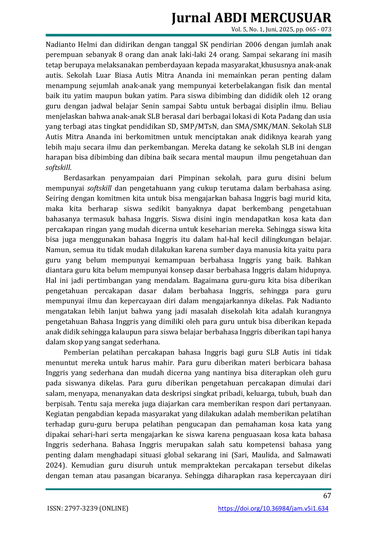 JURIS Pelatihan Peningkatan Kemampuan Percakapan Bahasa Inggris Dasar Guru SLB Autis Mitra Ananda Padang