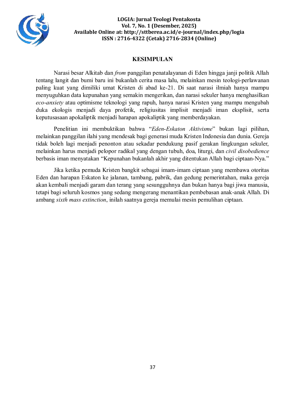 JURIS Dari Eden ke Pembaruan Ekoteologi Narasi Biblika dan Aktivisme Lingkungan Anak Muda