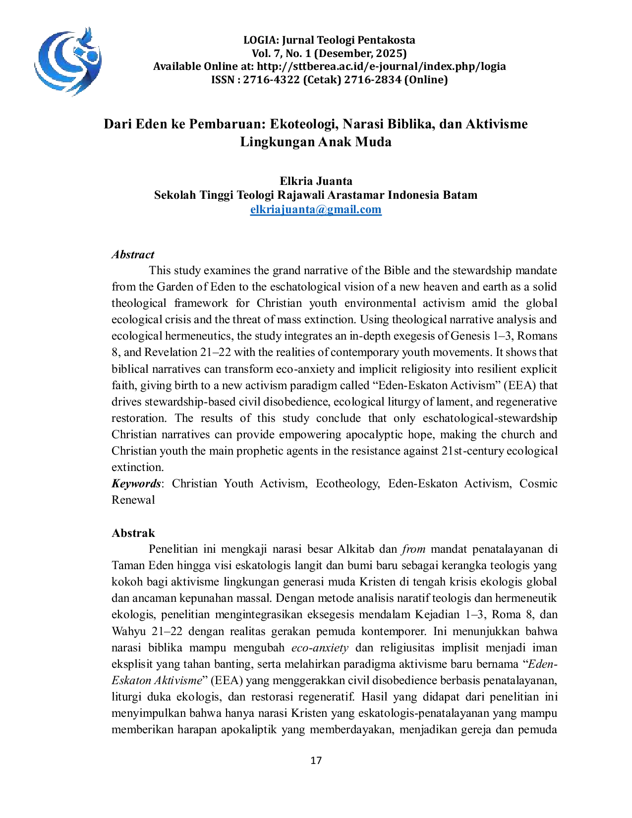 JURIS Dari Eden ke Pembaruan Ekoteologi Narasi Biblika dan Aktivisme Lingkungan Anak Muda