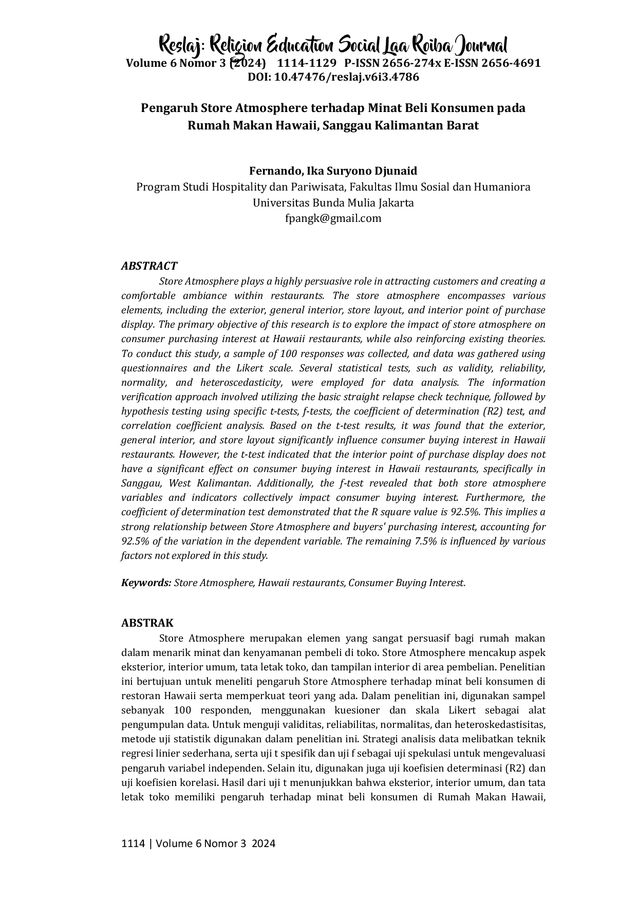 JURIS Pengaruh Store Atmosphere terhadap Minat Beli Konsumen pada Rumah Makan Hawaii Sanggau Kalimantan Barat