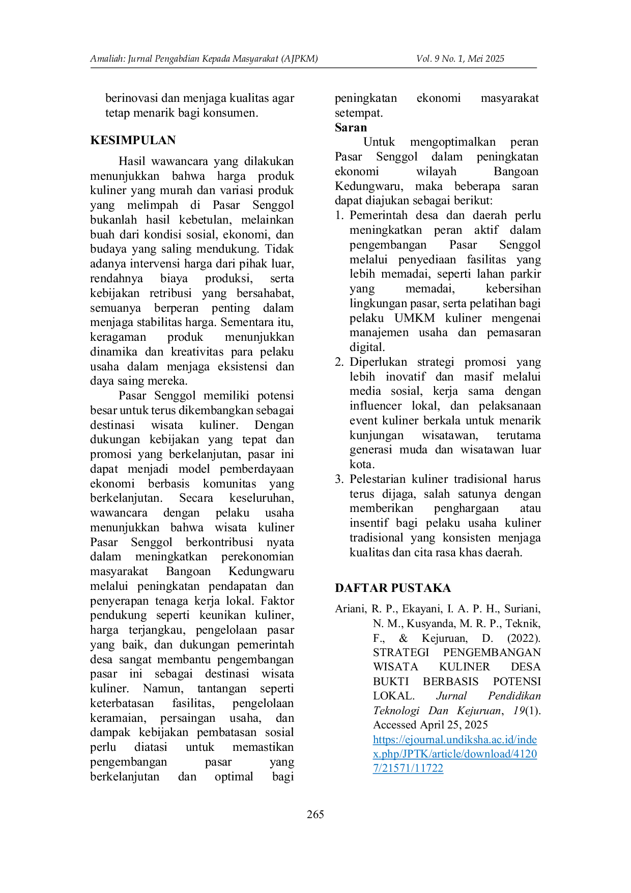 JURIS Potensi Wisata Kuliner Pasar Senggol Dalam Peningkatan Ekonomi Di Wilayah Bangoan Kedungwaru