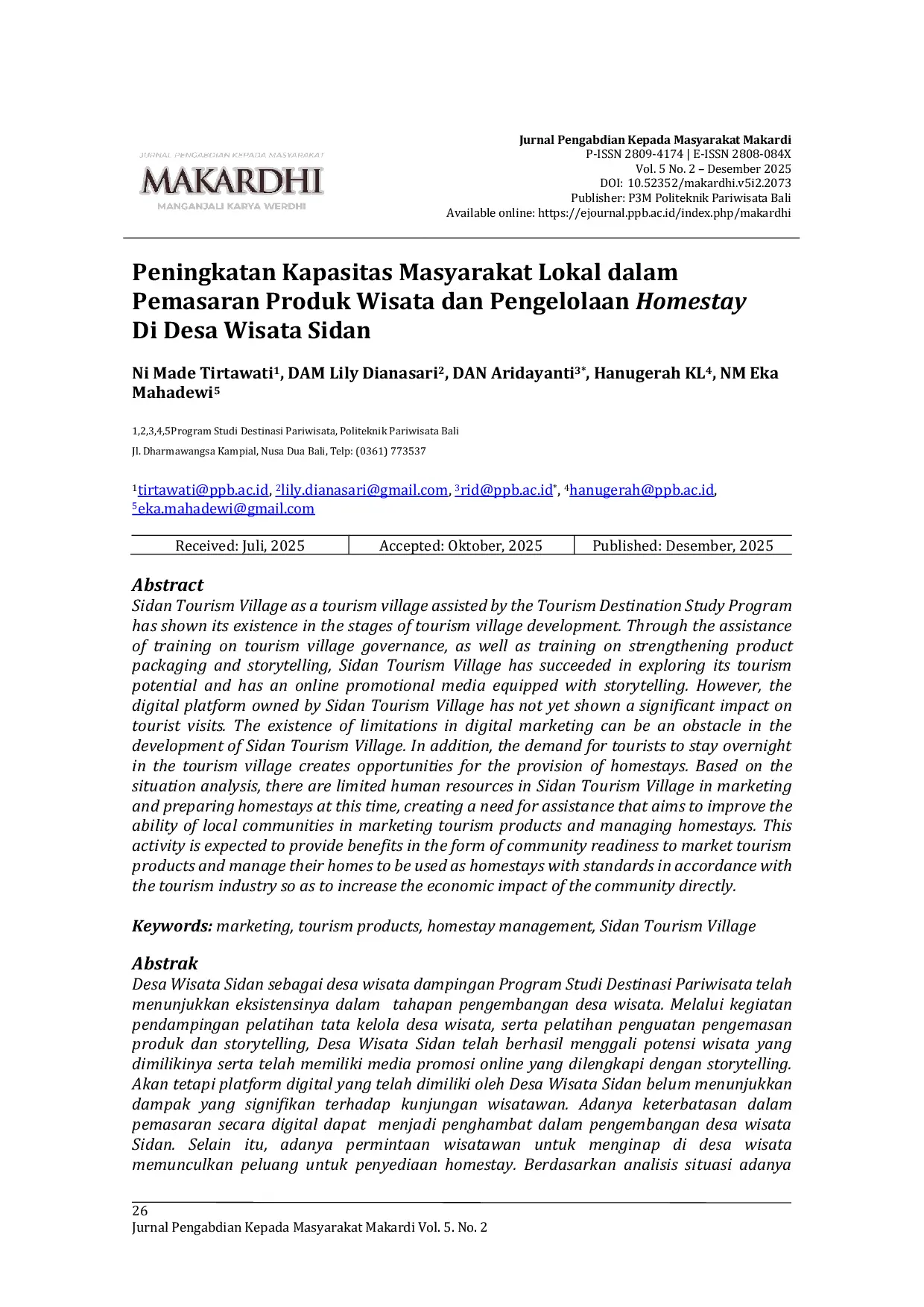 JURIS Peningkatan Kapasitas Masyarakat Lokal Dalam Pemasaran Produk Wisata Dan Pengelolaan Homestay Di Desa Wisata Sidan