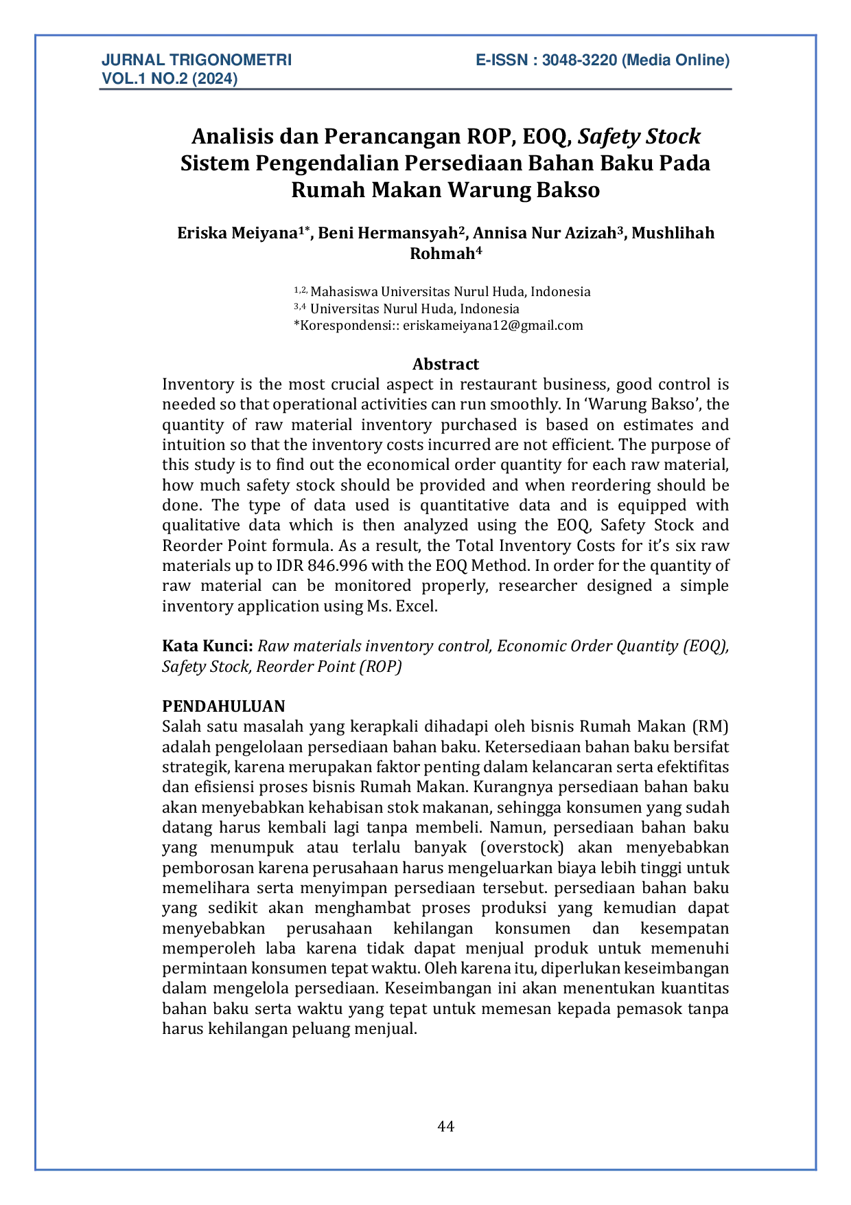 JURIS Analisis dan Perancangan ROP EOQ Safety Stock Sistem Pengendalian Persediaan Bahan Baku Pada Rumah Makan Warung Bakso
