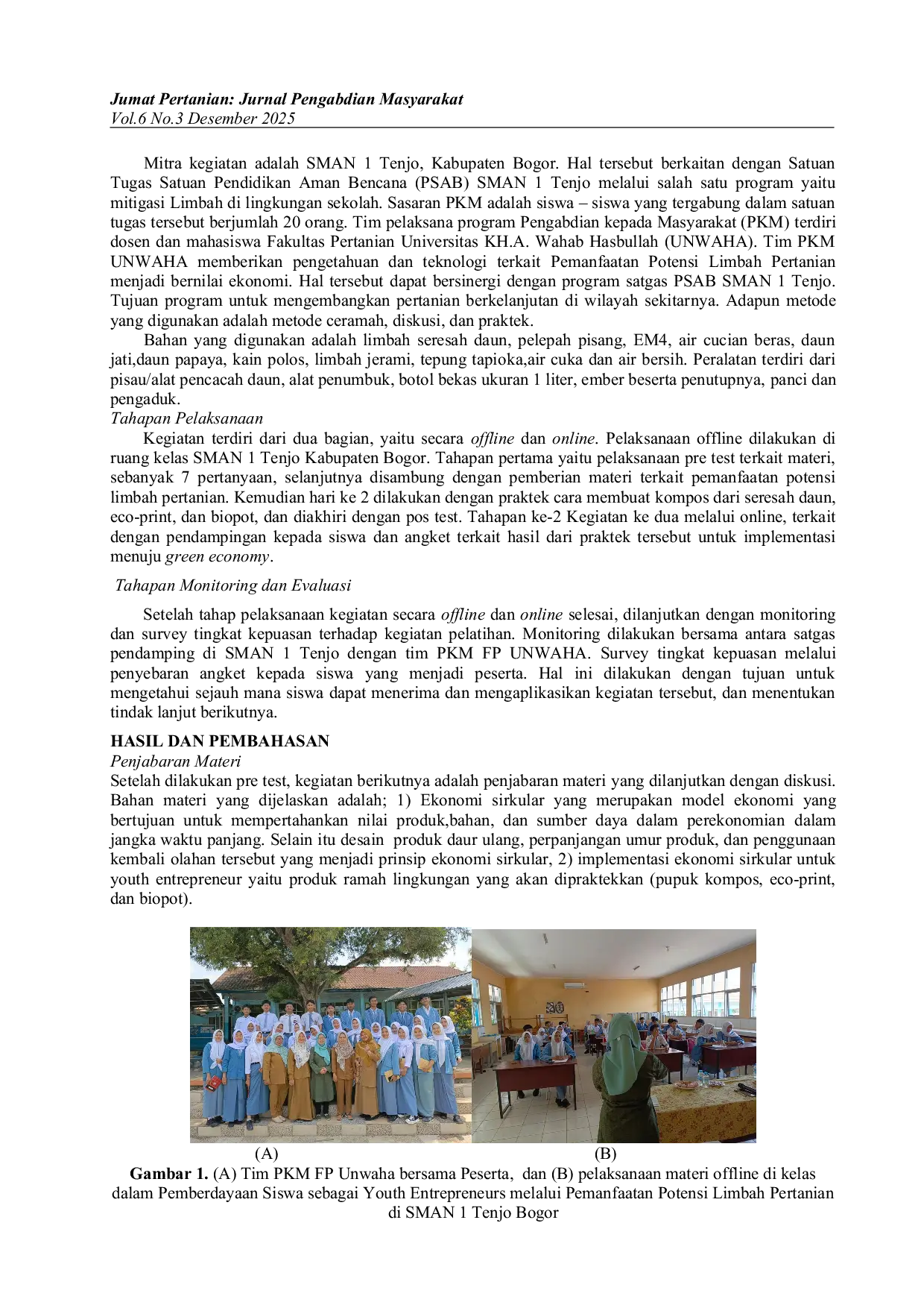 JURIS Pemberdayaan Siswa Youth Entrepreneurs melalui Pemanfaatan Limbah Pertanian di SMAN 1 Tenjo
