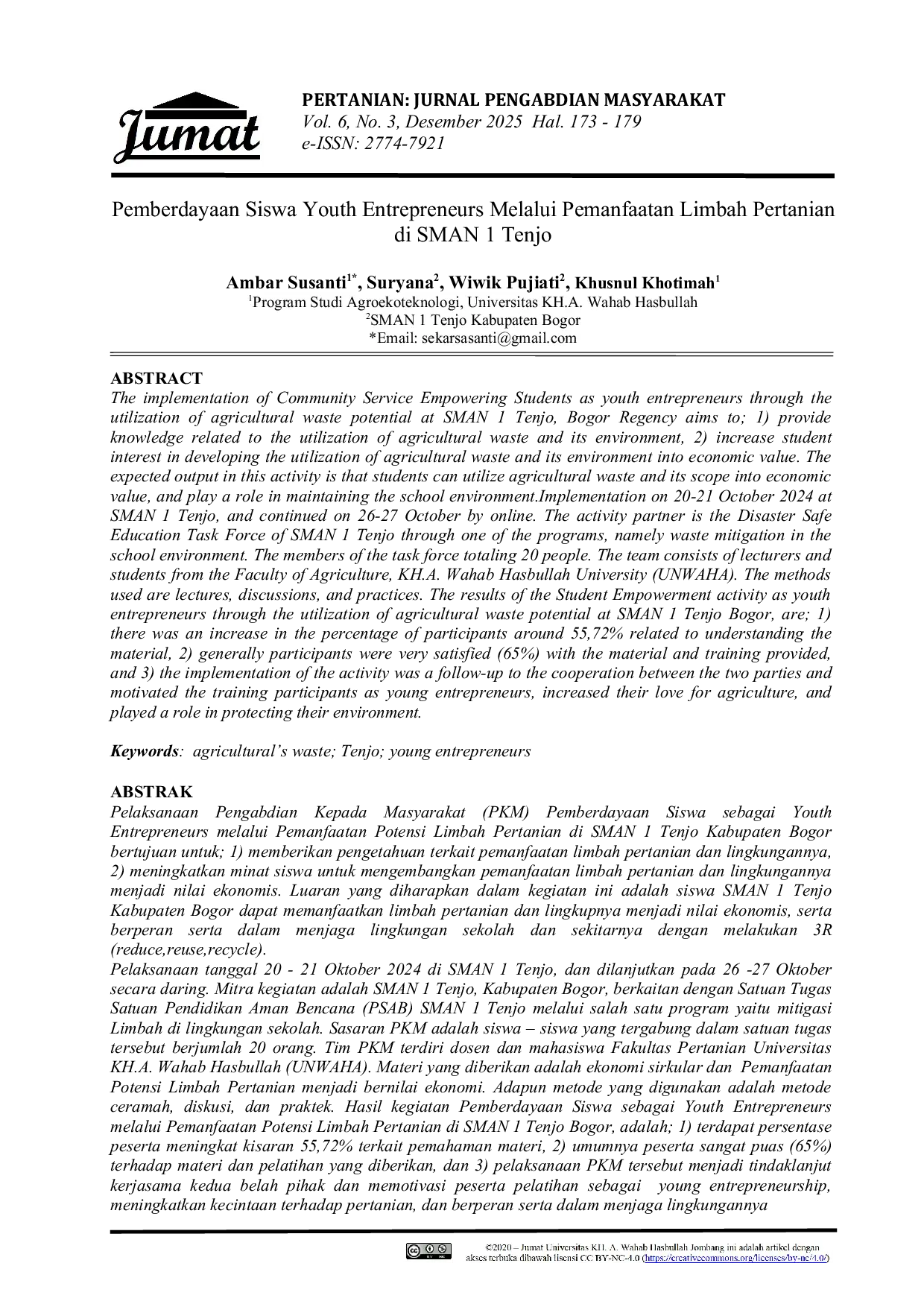 JURIS Pemberdayaan Siswa Youth Entrepreneurs melalui Pemanfaatan Limbah Pertanian di SMAN 1 Tenjo