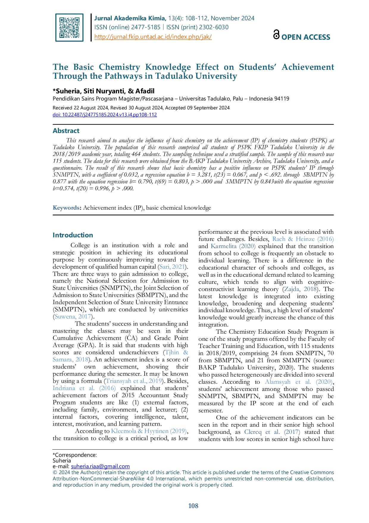 JURIS The Basic Chemistry Knowledge Effect on Students Achievement Through the Pathways in Tadulako University