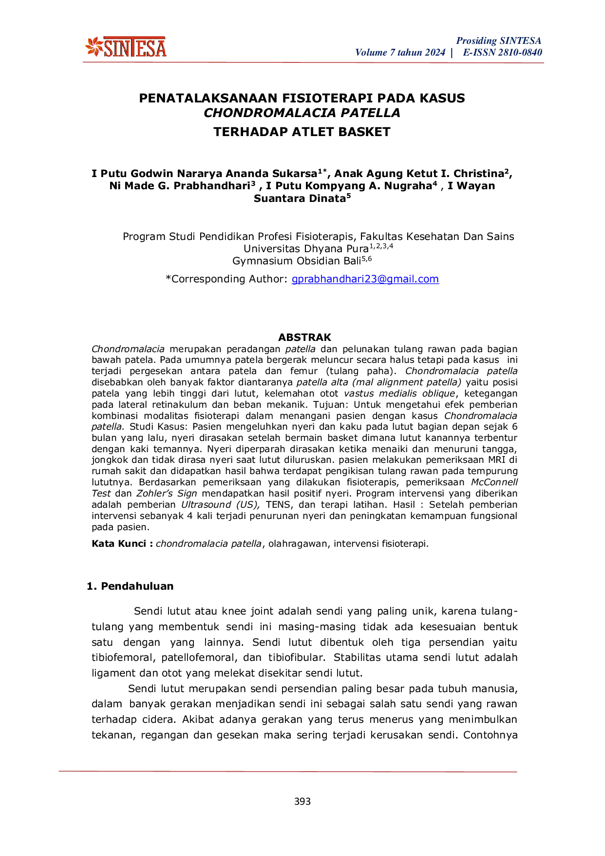 JURIS Penatalaksanaan Fisioterapi Pada Kasus Chondromalacia Patella Terhadap Atlet Basket