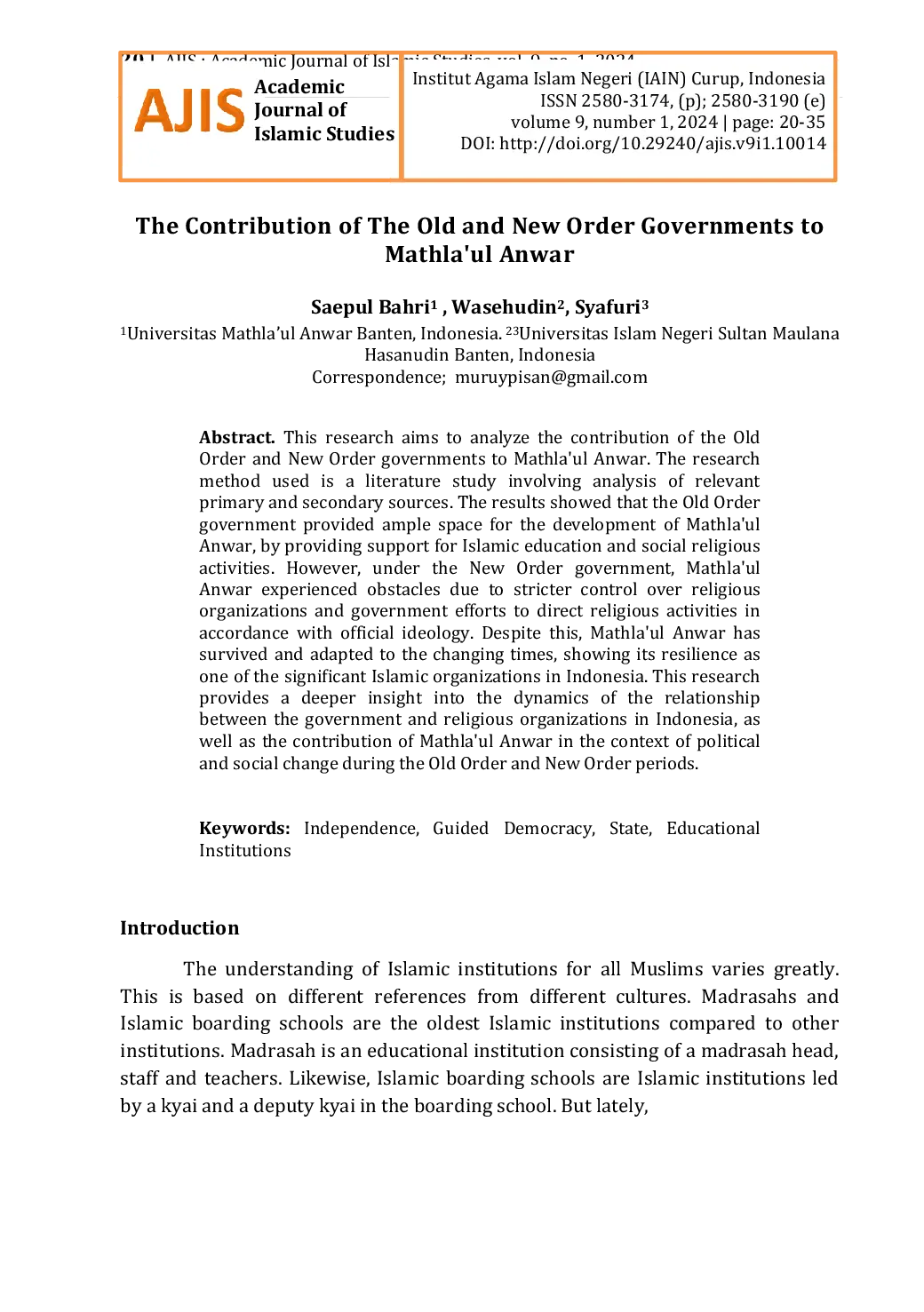 JURIS The Contribution of The Old and New Order Governments to Mathla ul Anwar