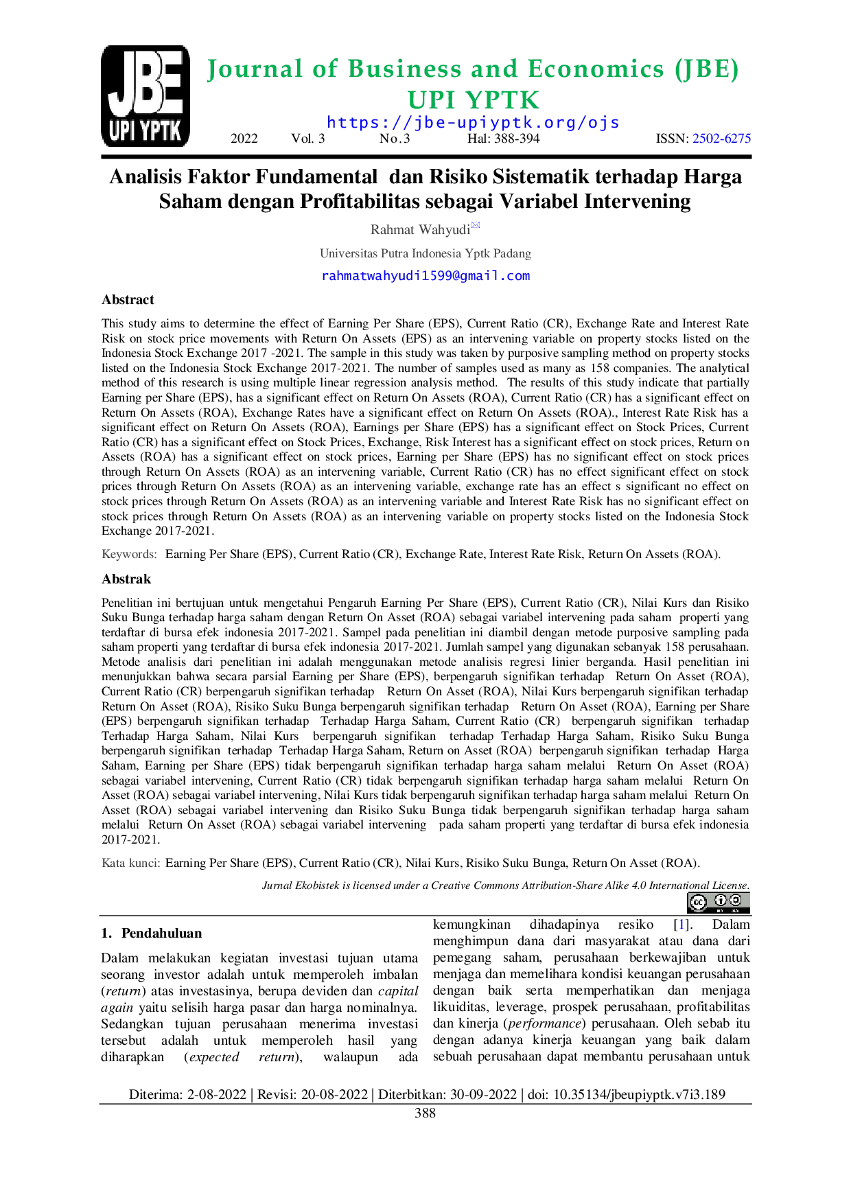 JURIS Analisis Faktor Fundamental dan Risiko Sistematik terhadap Harga Saham dengan Profitabilitas sebagai Variabel Intervening