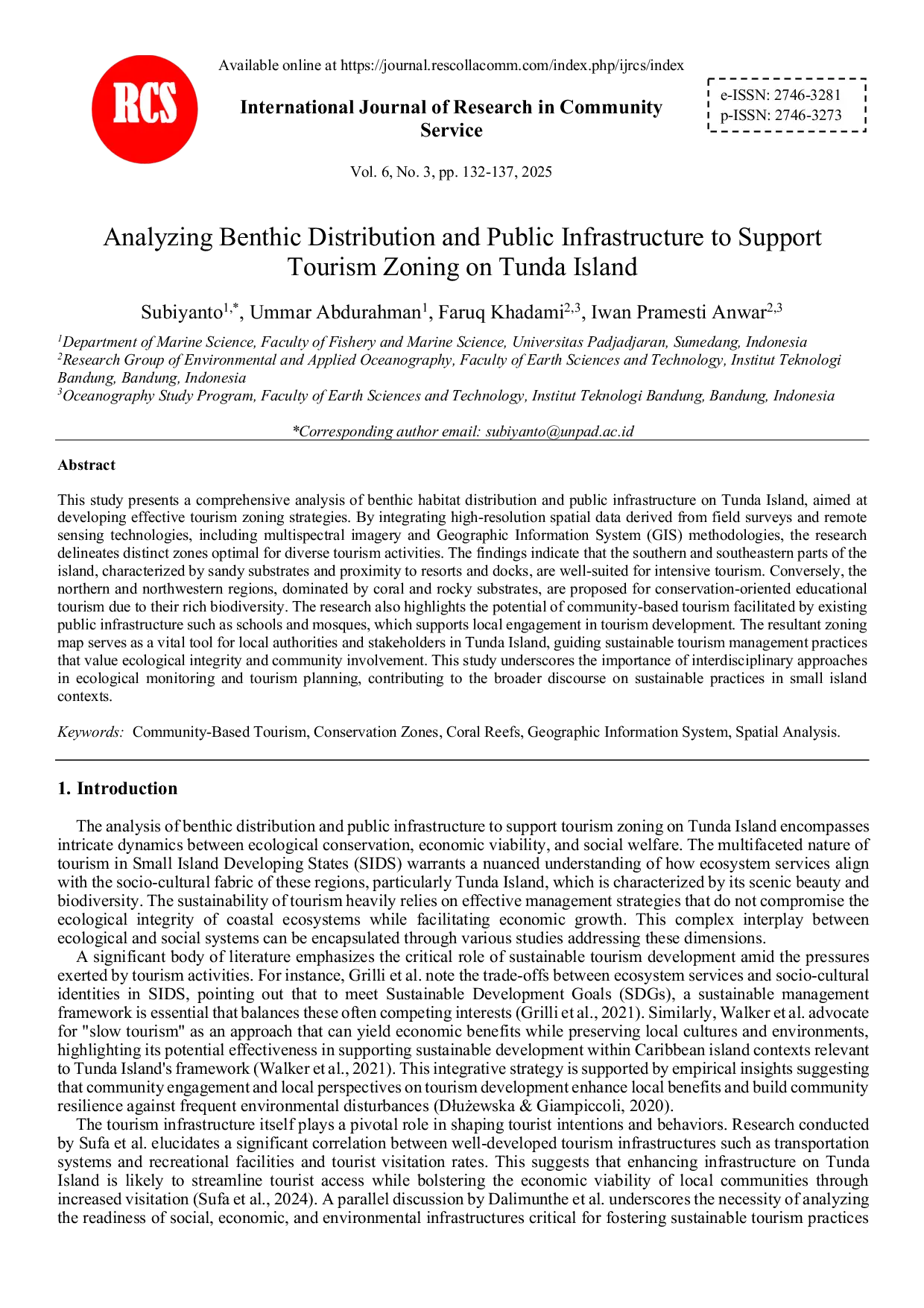 JURIS Analyzing Benthic Distribution and Public Infrastructure to Support Tourism Zoning on Tunda Island