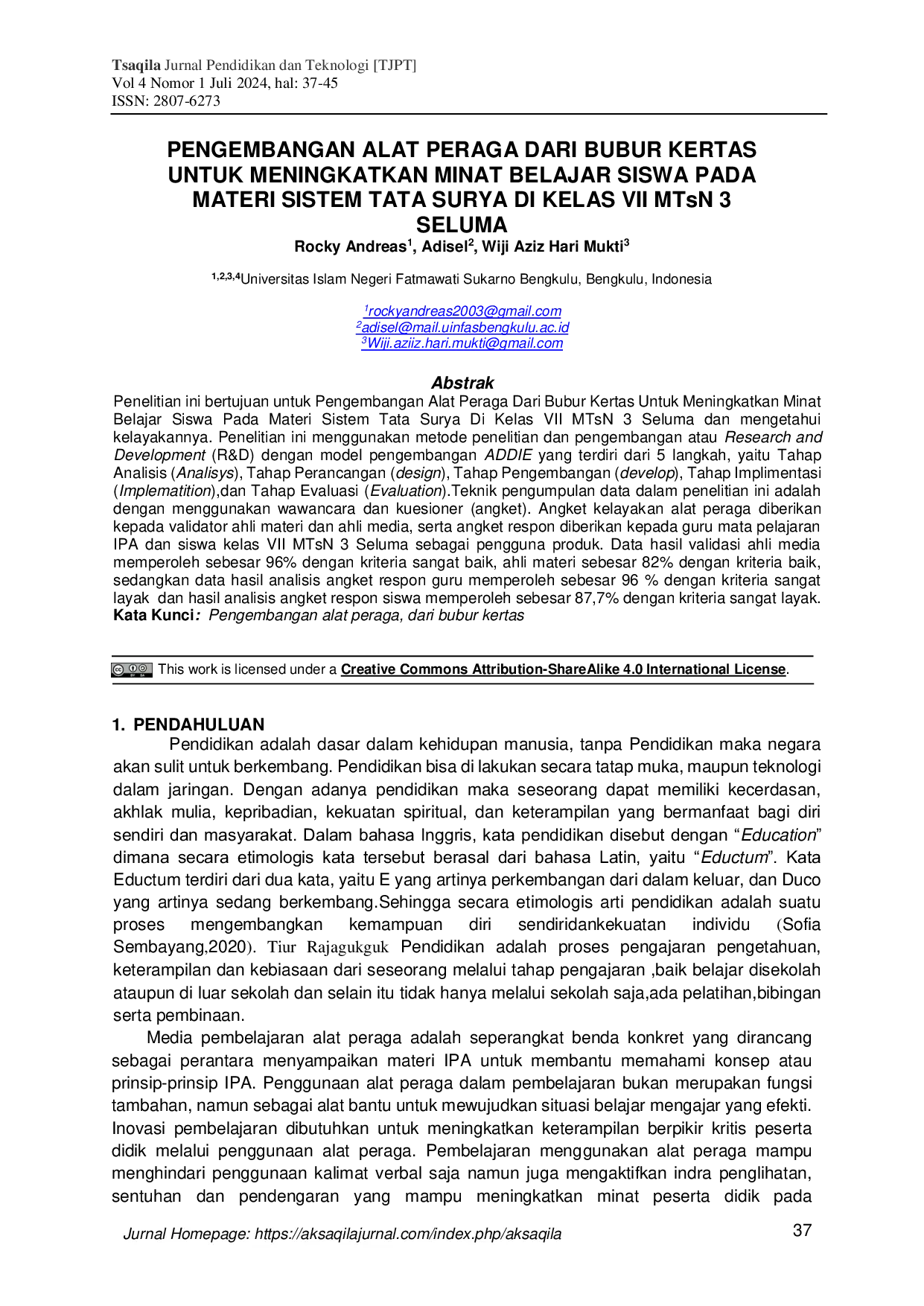 JURIS Pengembangan Alat Peraga dari Bubur Kertas untuk Meningkatkan Minat Belajar Siswa pada Materi Sistem Tata Surya di Kelas VII MTsN 3 Seluma