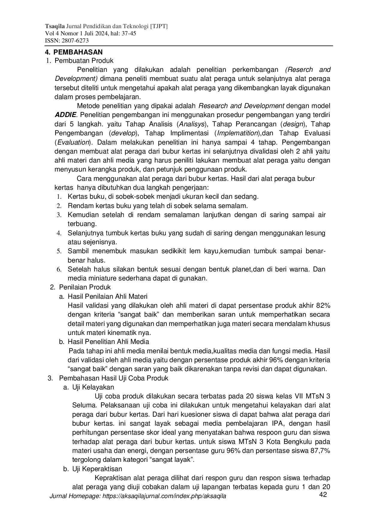 JURIS Pengembangan Alat Peraga dari Bubur Kertas untuk Meningkatkan Minat Belajar Siswa pada Materi Sistem Tata Surya di Kelas VII MTsN 3 Seluma