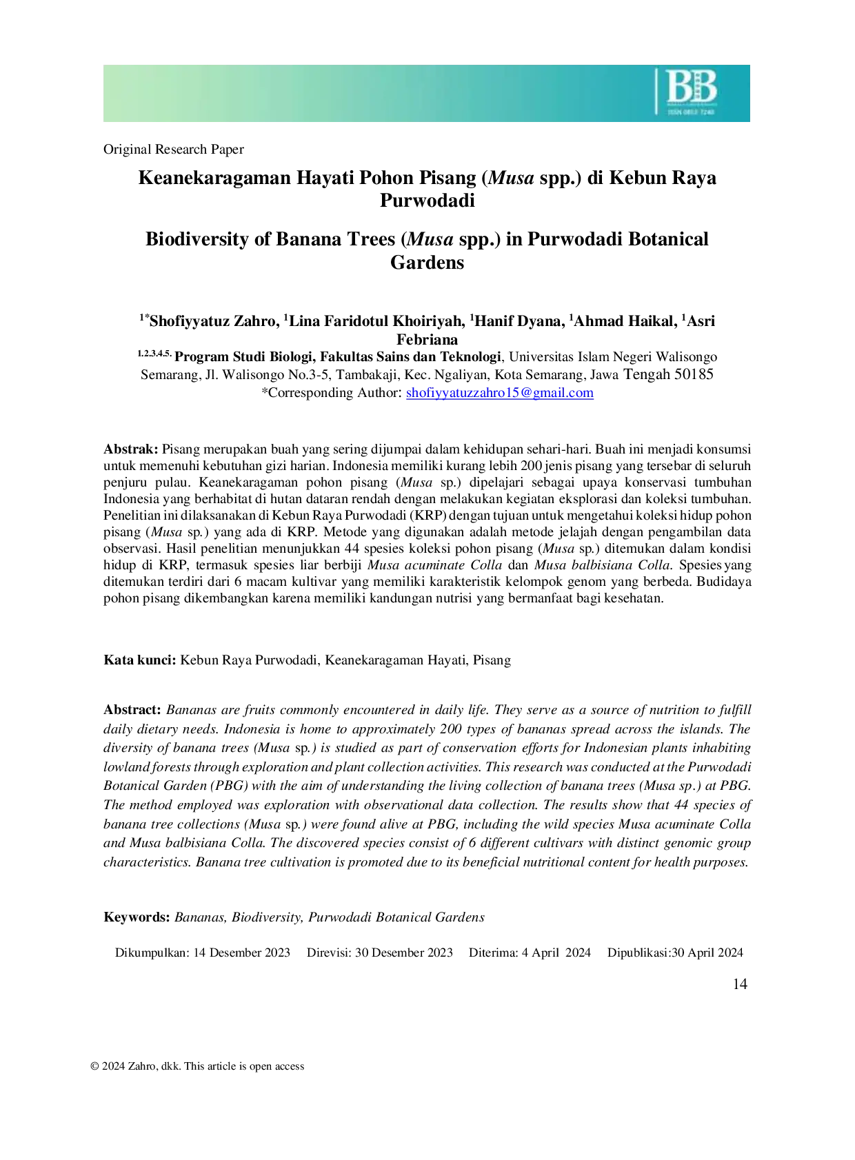 JURIS Biodiversity of Banana Trees Musa sp in Purwodadi Botanical Gardens