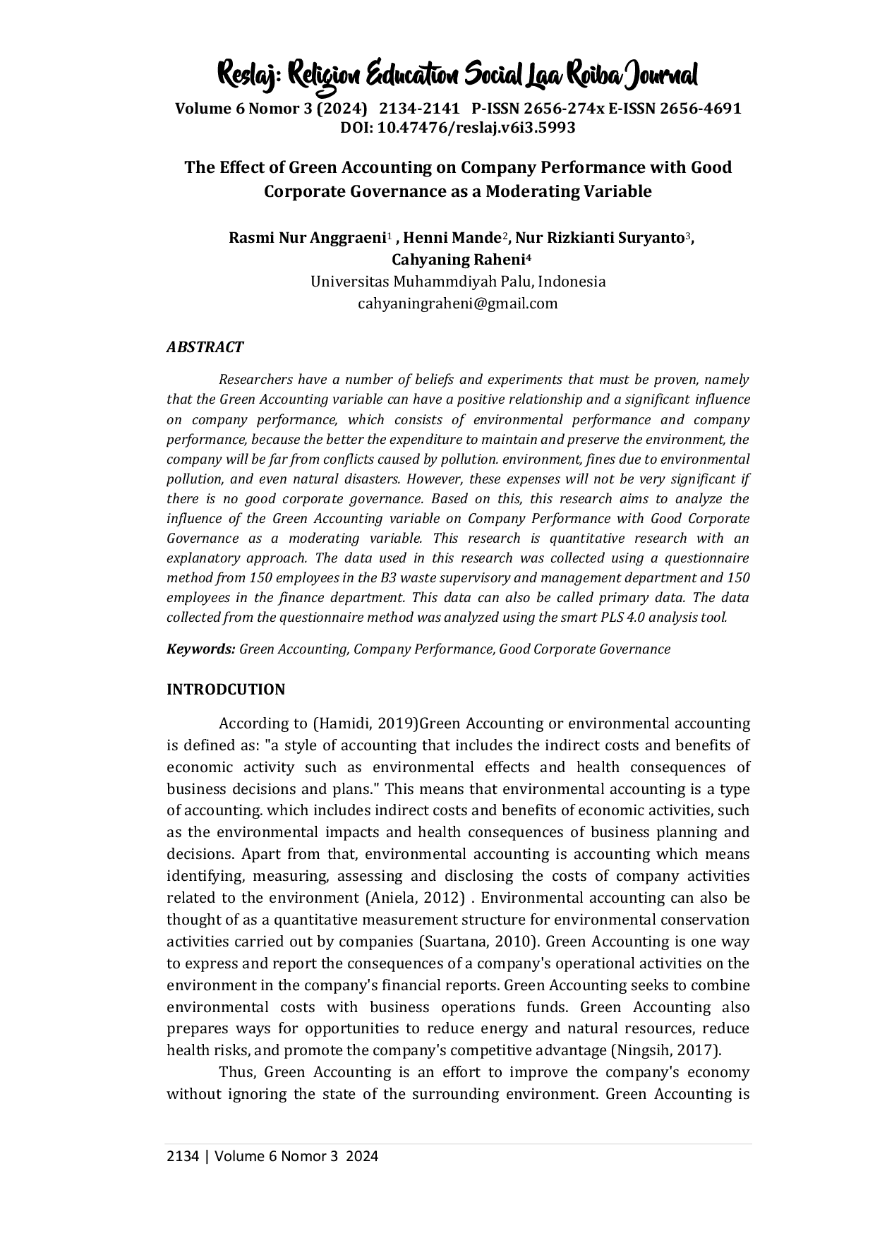 JURIS The Effect of Green Accounting on Company Performance with Good Coorporate Governance as a Moderating Variable