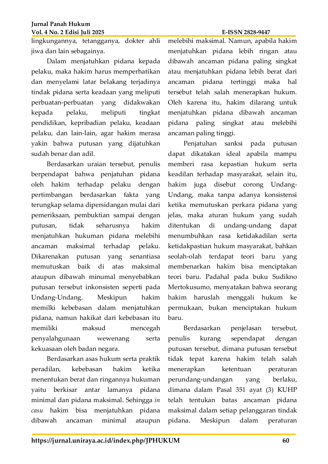 JURIS Pemidanaan Melebihi Ancaman Maksimal Pada Tindak Pidana Penganiayaan Yang Mengakibatkan Matinya Orang