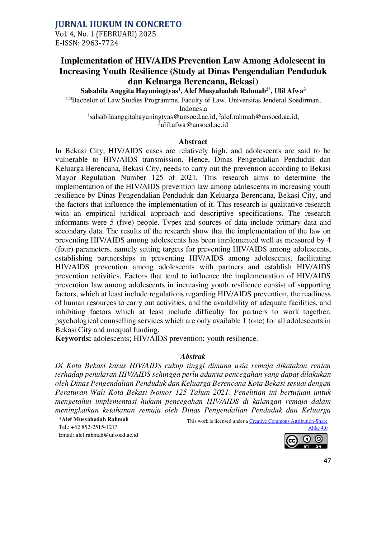 JURIS Implementation of HIV AIDS Prevention Law Among Adolescent In Increasing Youth Resilience Study at Dinas Pengendalian Penduduk dan Keluarga Berencana Bekasi