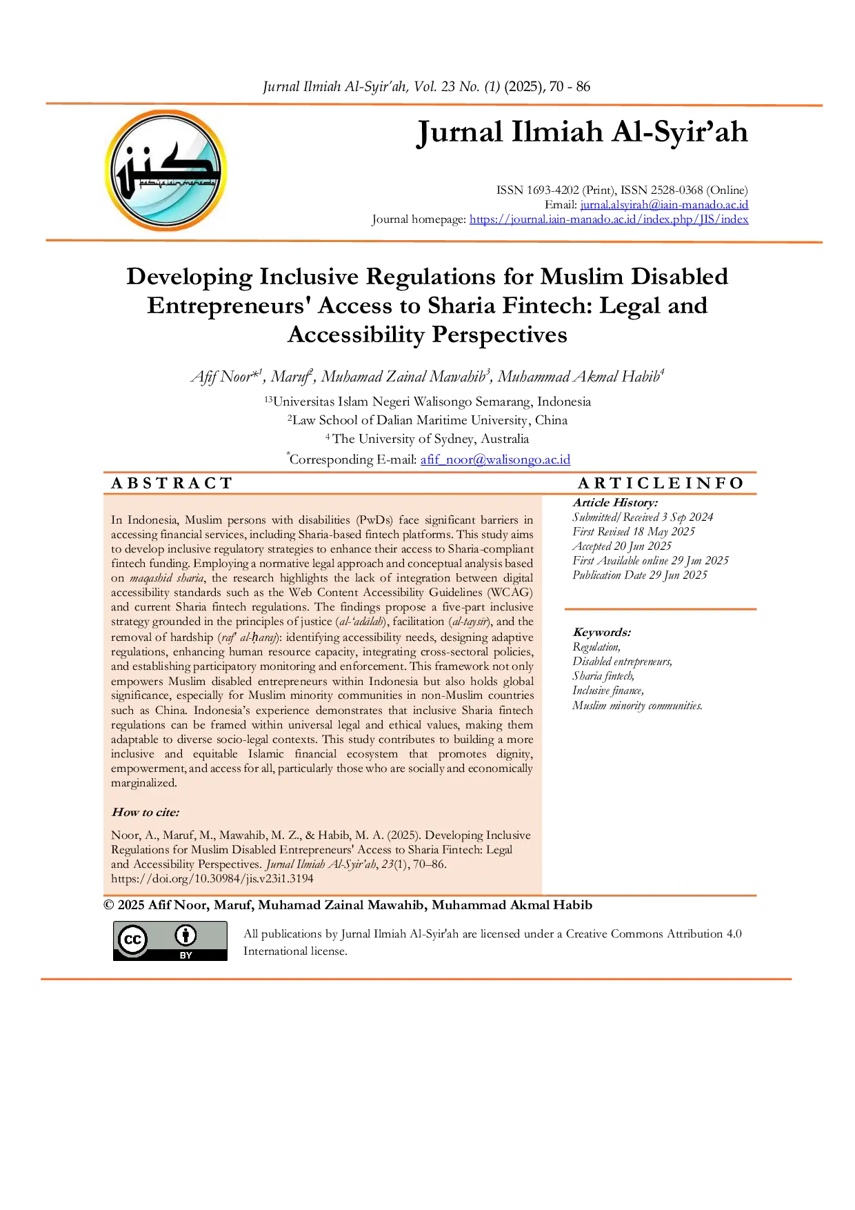 JURIS Developing Inclusive Regulations for Muslim Disabled Entrepreneurs Access to Sharia Fintech Legal and Accessibility Perspectives