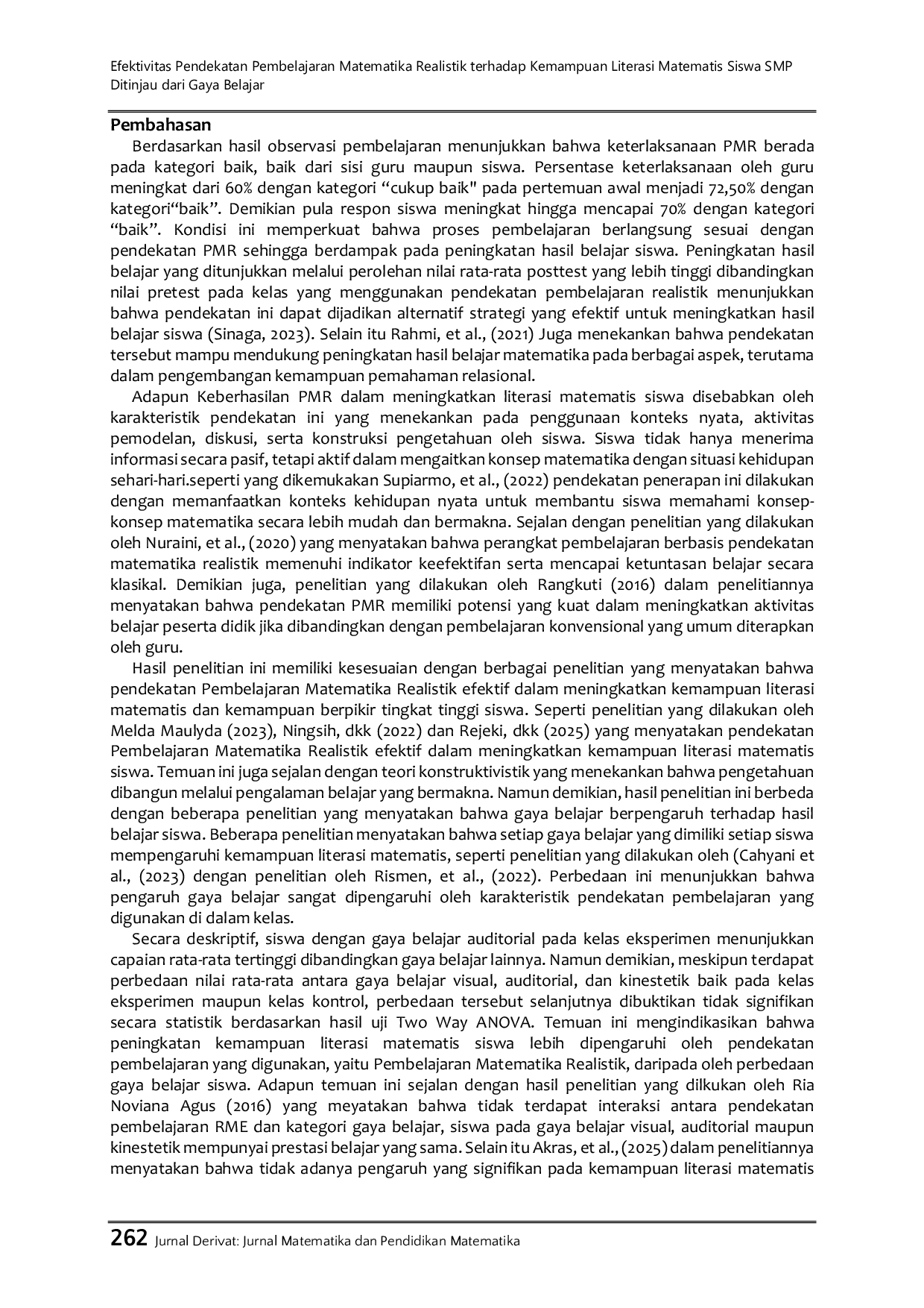JURIS Efektivitas Pendekatan Pembelajaran Matematika Realistik terhadap Kemampuan Literasi Matematis Siswa SMP Ditinjau dari Gaya Belajar