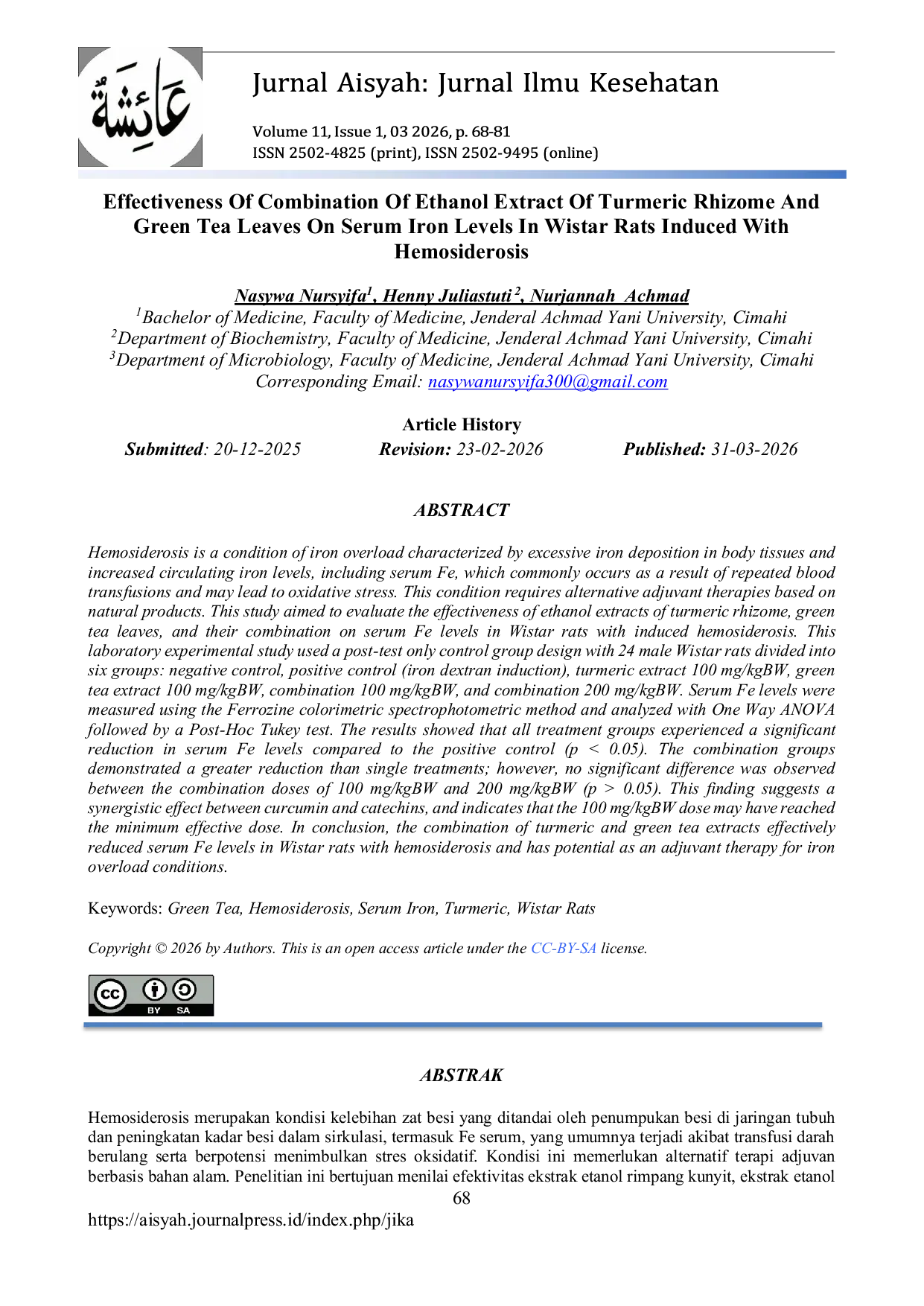 JURIS Effectiveness Of Combination Of Ethanol Extract Of Turmeric Rhizome And Green Tea Leaves On Serum Iron Levels In Wistar Rats Induced With Hemosiderosis