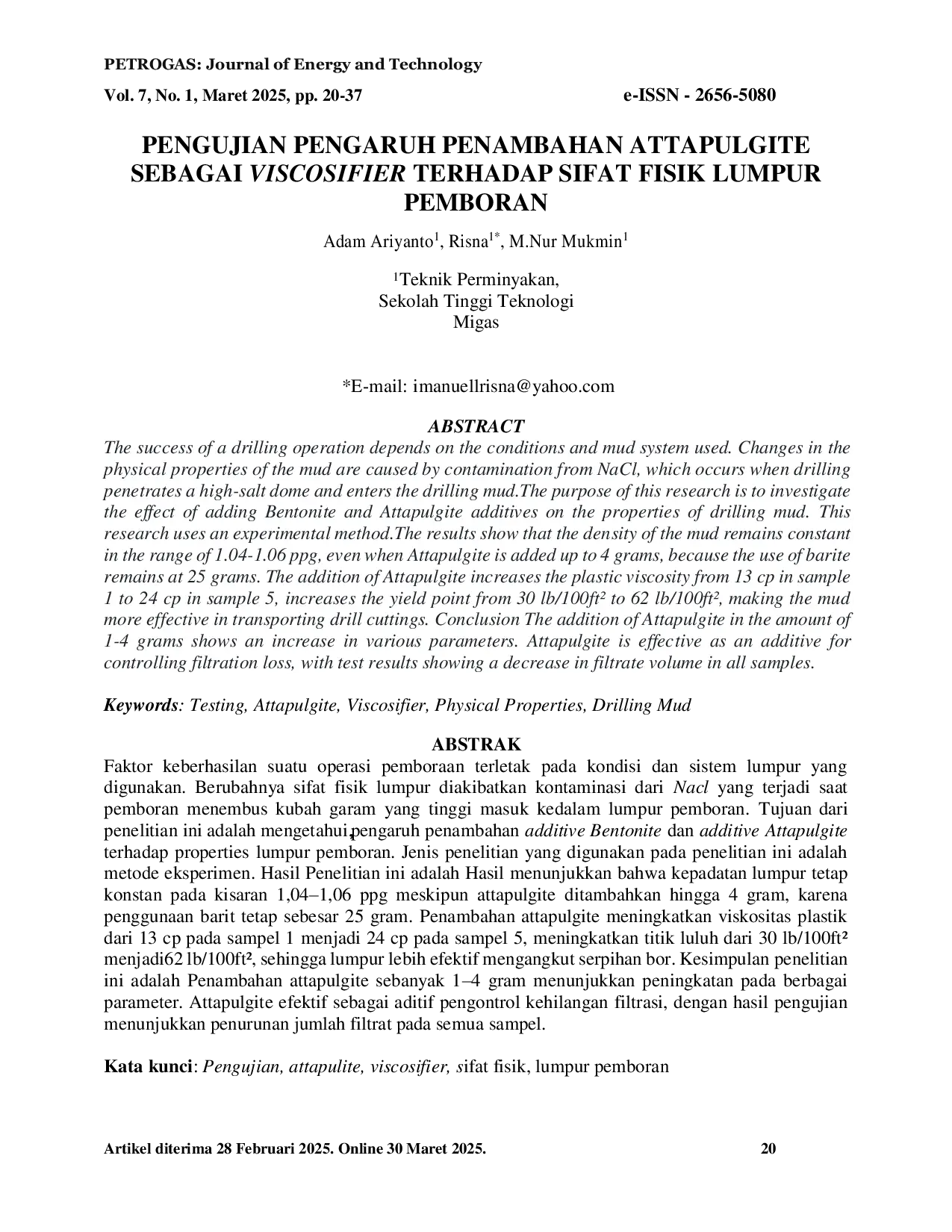 JURIS Pengujian Pengaruh Penambahan Attapulgite Sebagai Viscosifier Terhadap Sifat Fisik Lumpur Pemboran