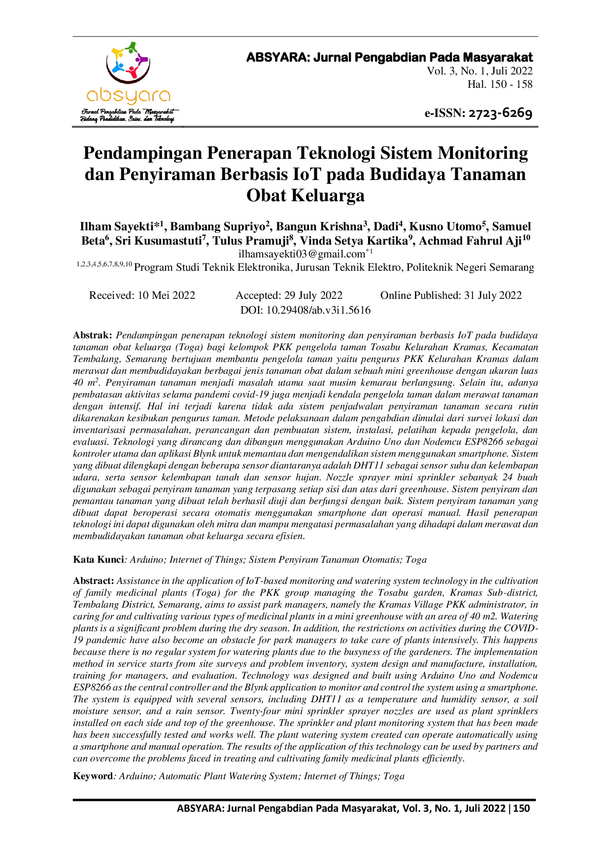 JURIS Pendampingan Penerapan Teknologi Sistem Monitoring dan Penyiraman Berbasis IoT pada Budidaya Tanaman Obat Keluarga