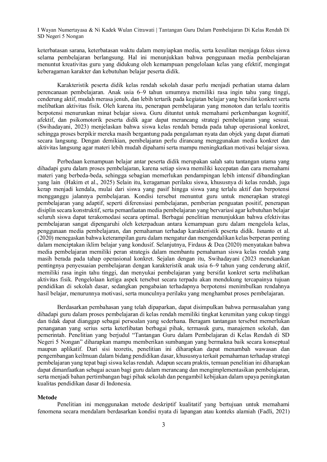 JURIS Tantangan Guru Dalam Pembelajaran Di Kelas Rendah Di SD Negeri 5 Nongan