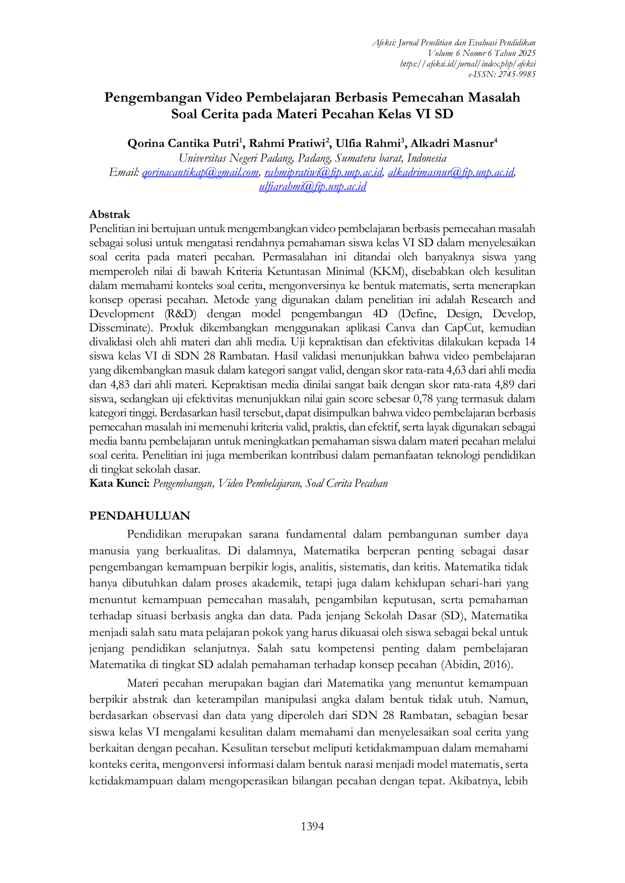 JURIS Pengembangan Video Pembelajaran Berbasis Pemecahan Masalah Soal Cerita pada Materi Pecahan Kelas VI SD