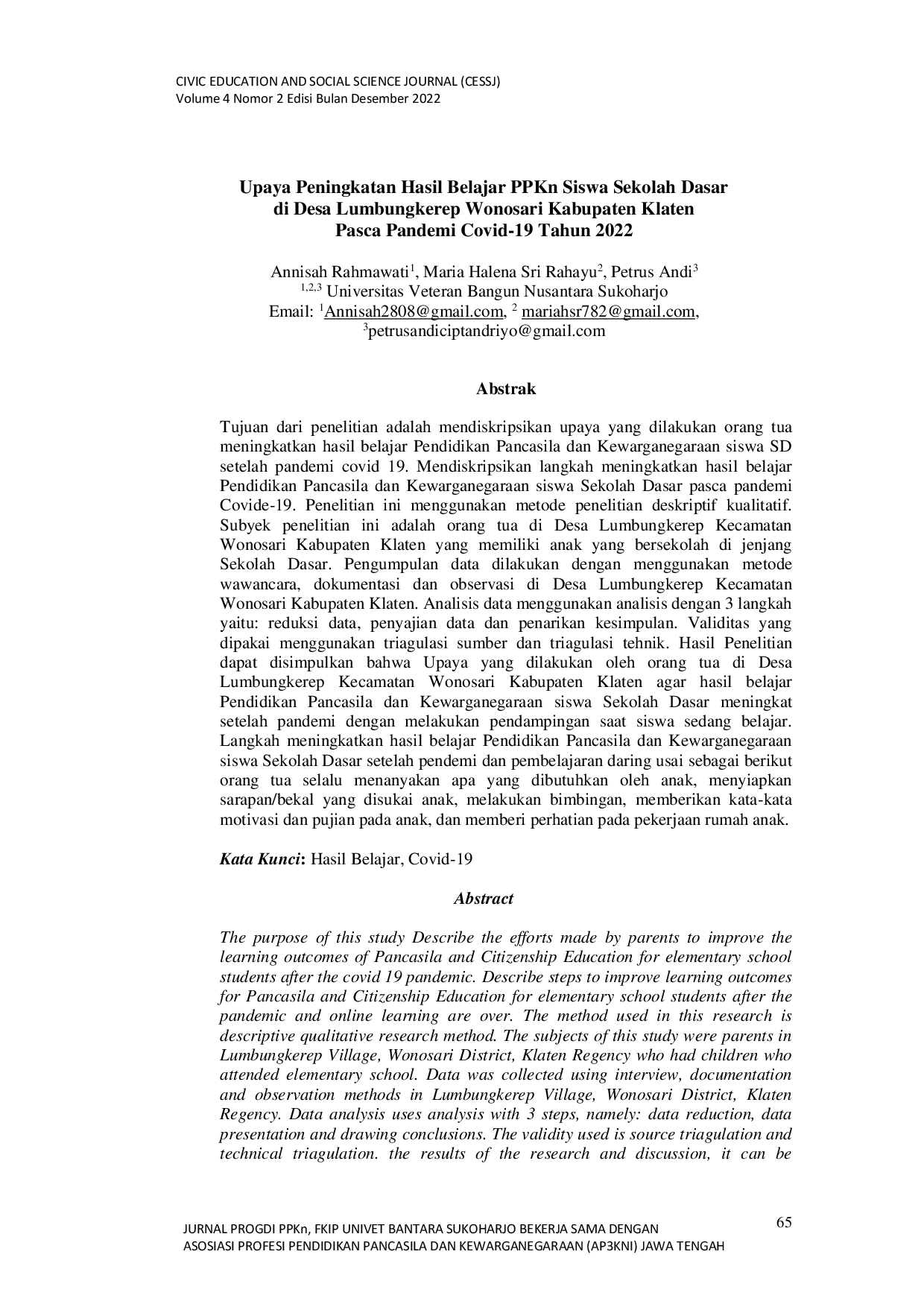 JURIS Upaya Meningkatkan Hasil Belajar Pendidikan Pancasila dan Kewarganegaraan Siswa sekolah Dasar di Desa Lumbungkerep Kecamatan Wonosari Kabupaten Klaten Setelah Masa Pandemi Covid 19 Tahun 2022