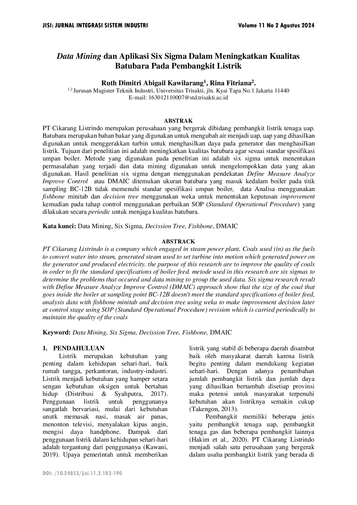 JURIS Data Mining dan Aplikasi Six Sigma Dalam Meningkatkan Kualitas Batubara Pada Pembangkit Listrik