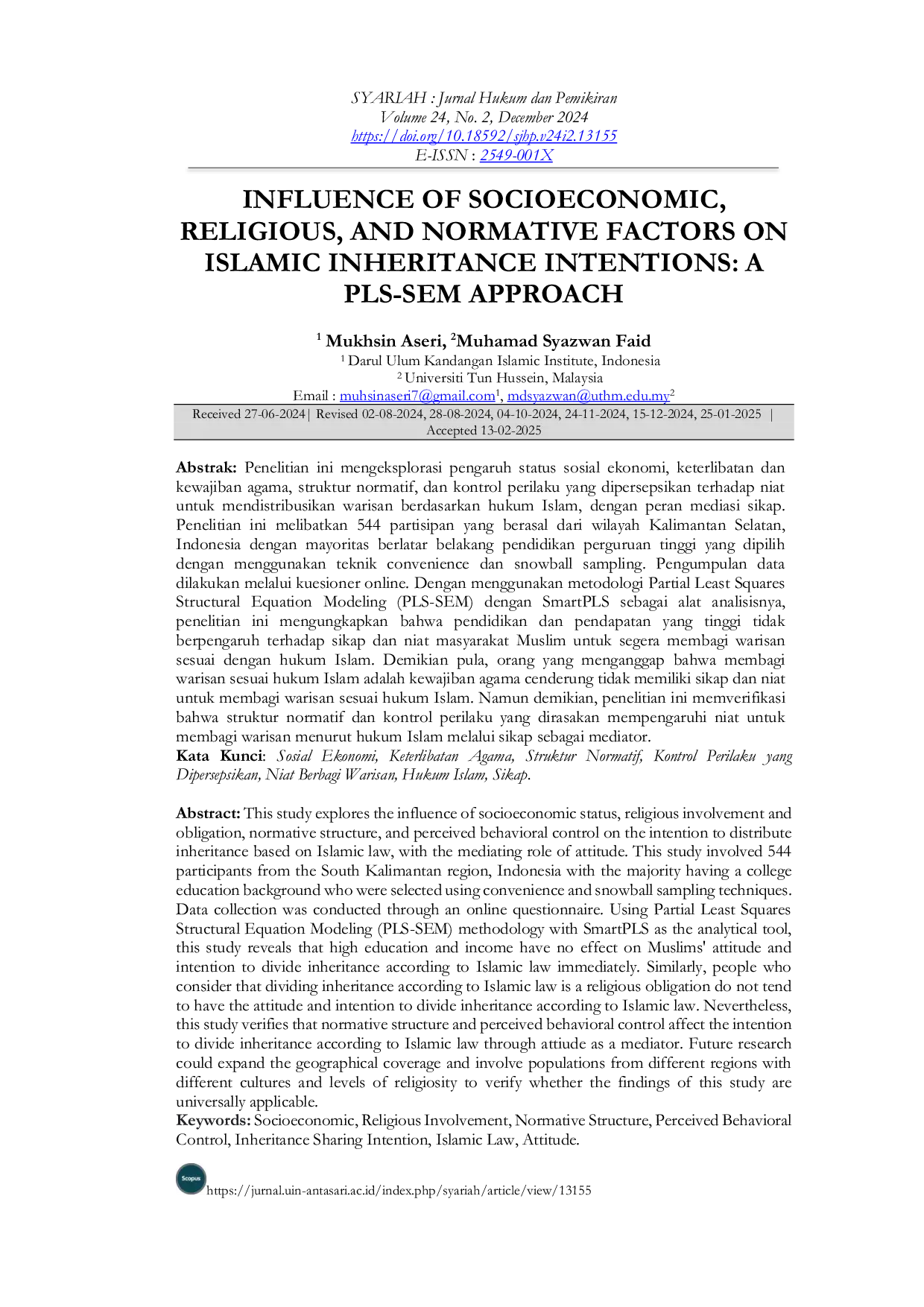 JURIS Influence of Socioeconomic Religious and Normative Factors on Islamic Inheritance Intentions A PLS SEM Approach