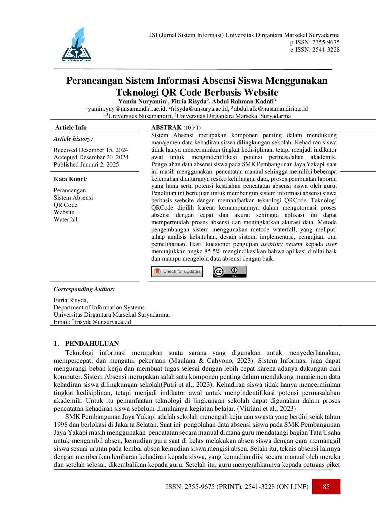 JURIS Perancangan Sistem Informasi Absensi Siswa Menggunakan Teknologi QR Code Berbasis Website