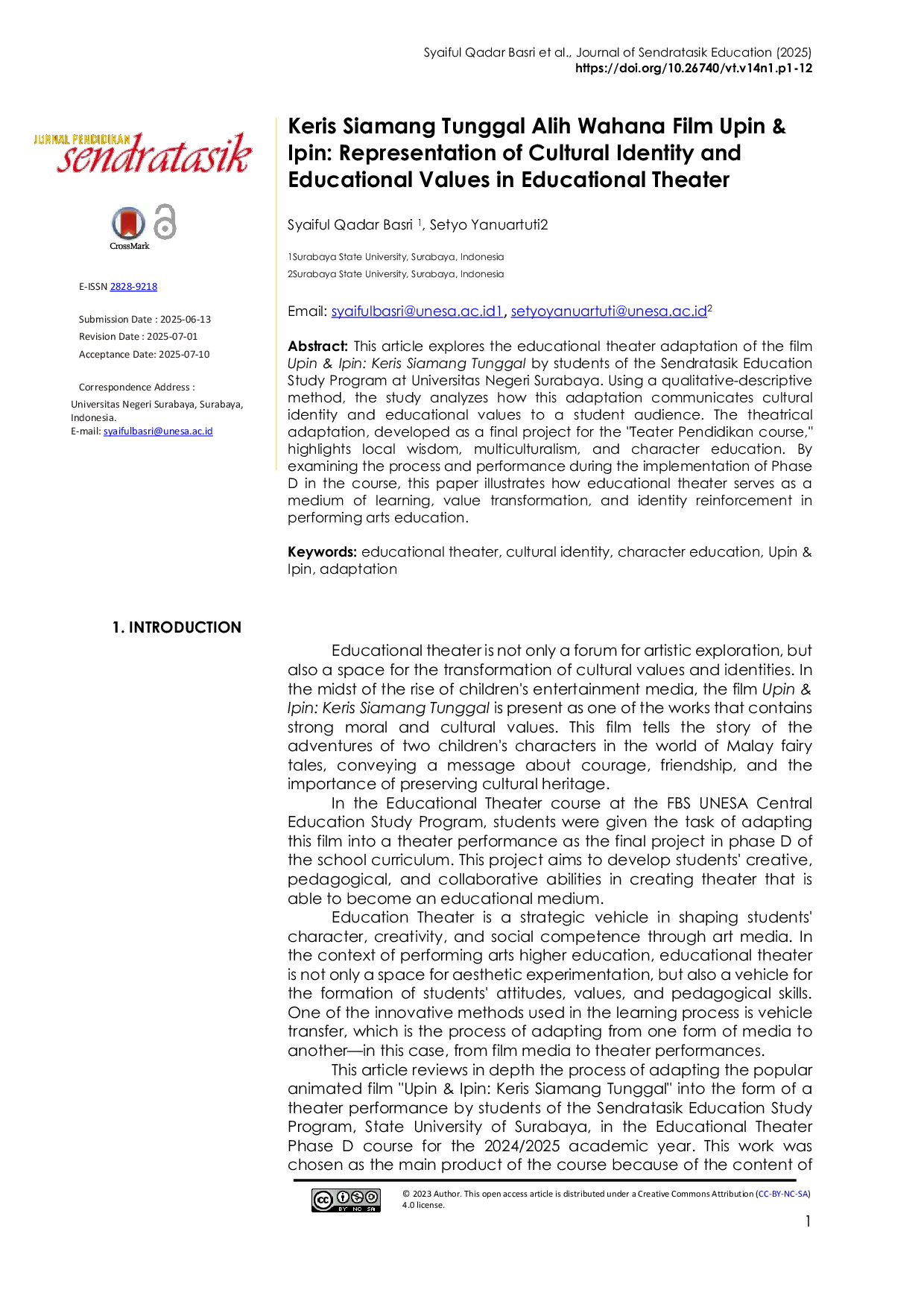 JURIS Keris Siamang Tunggal Alih Wahana Film Upin Ipin Representasi Identitas Budaya dan Nilai Pendidikan dalam Teater Pendidikan