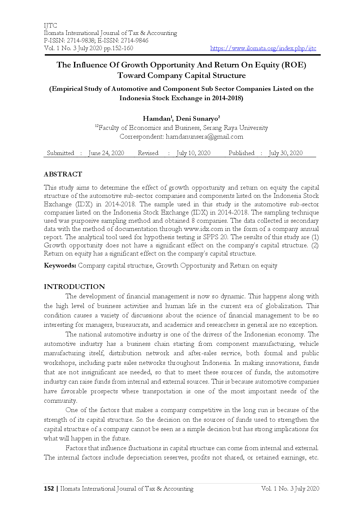 juris The Influence Of Growth Opportunity And Return On Equity ROE Toward Company Capital Structure