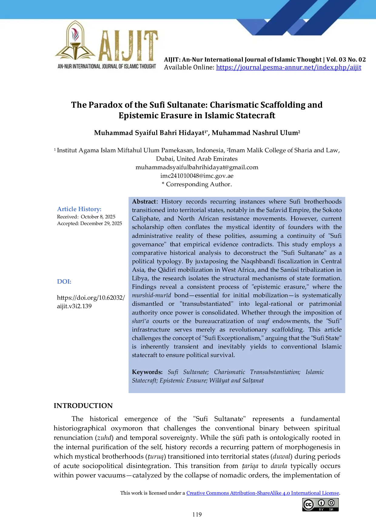 JURIS The Paradox of the Sufi Sultanate Charismatic Scaffolding and Epistemic Erasure in Islamic Statecraft