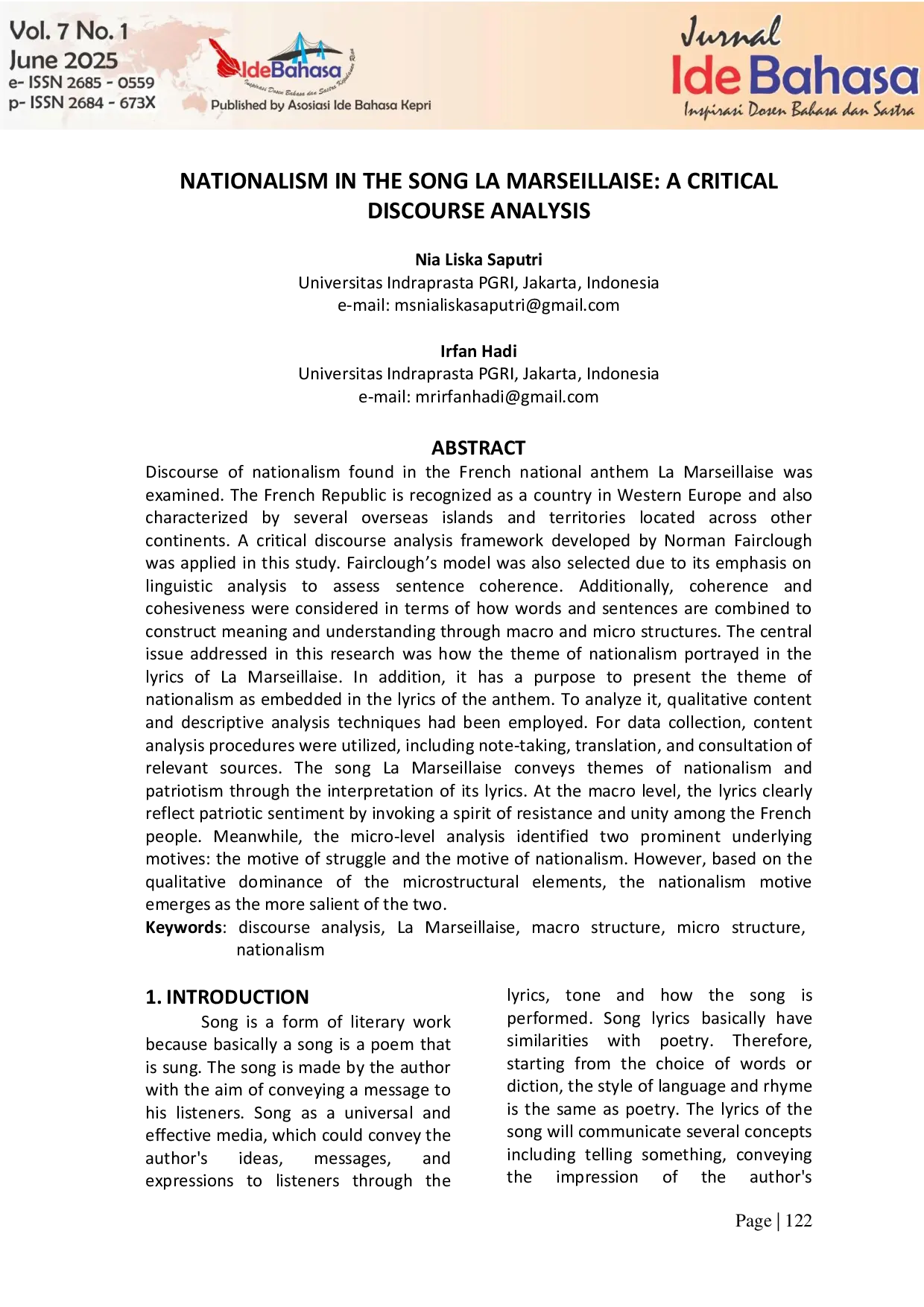 JURIS Nationalism in the Song La Marseillaise A Critical Discourse Analysis