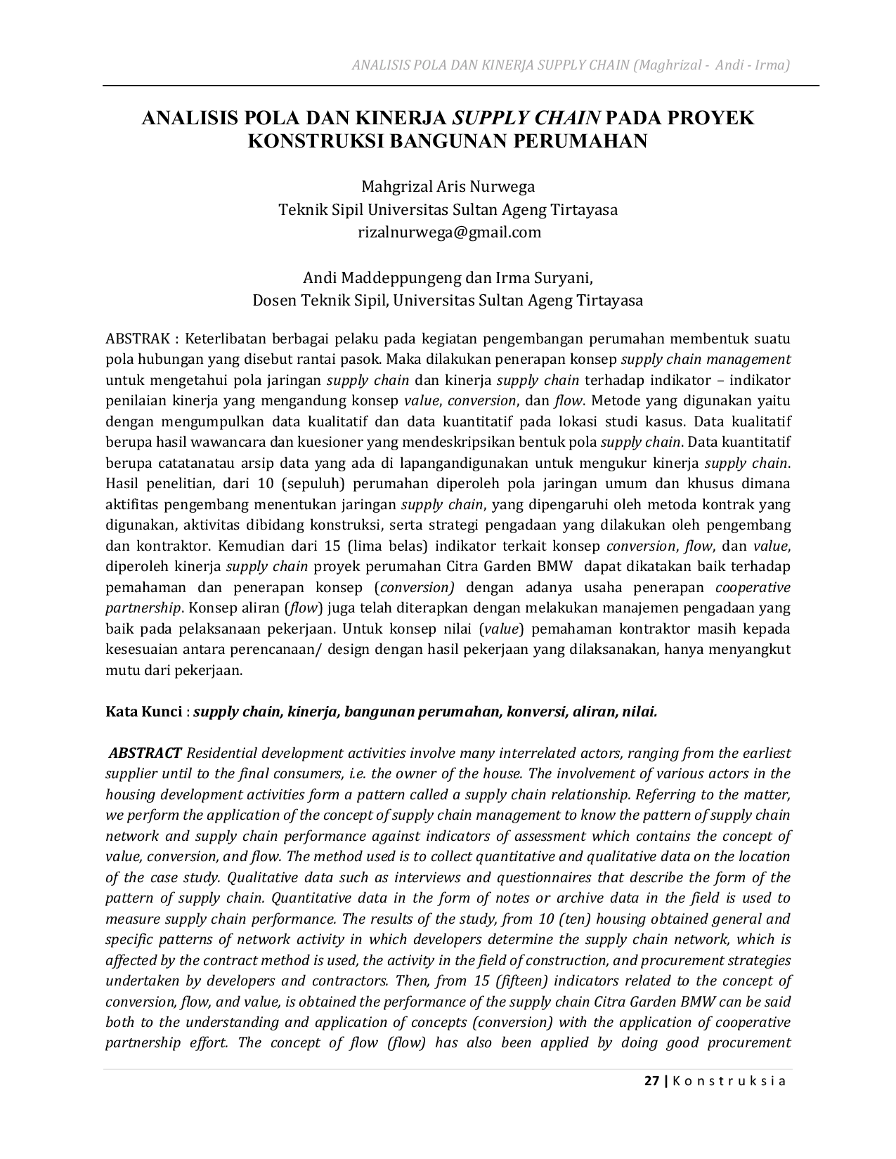 JURIS Analisis Pola dan Kinerja Supply Chain pada Proyek Konstruksi Bangunan Perumahan