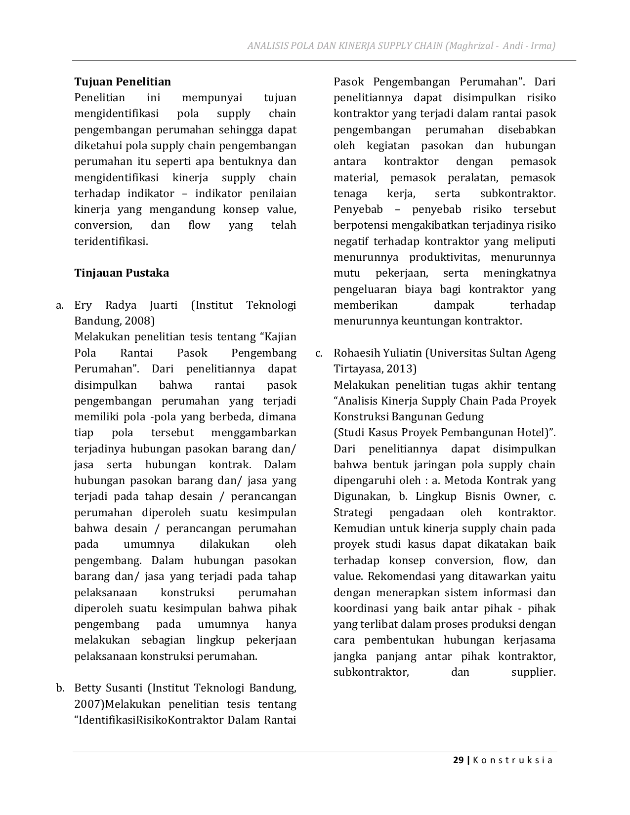 JURIS Analisis Pola dan Kinerja Supply Chain pada Proyek Konstruksi Bangunan Perumahan