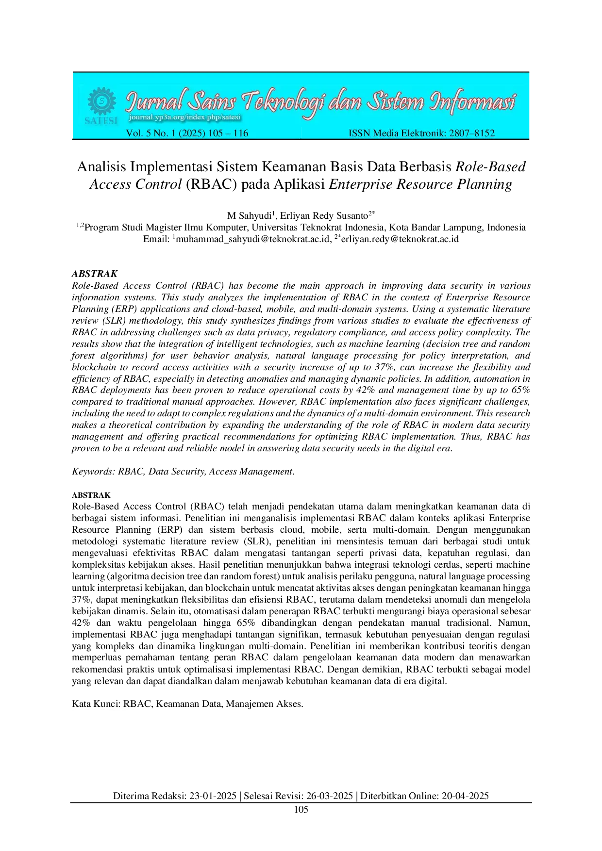 JURIS Analisis Implementasi Sistem Keamanan Basis Data Berbasis Role Based Access Control RBAC pada Aplikasi Enterprise Resource Planning