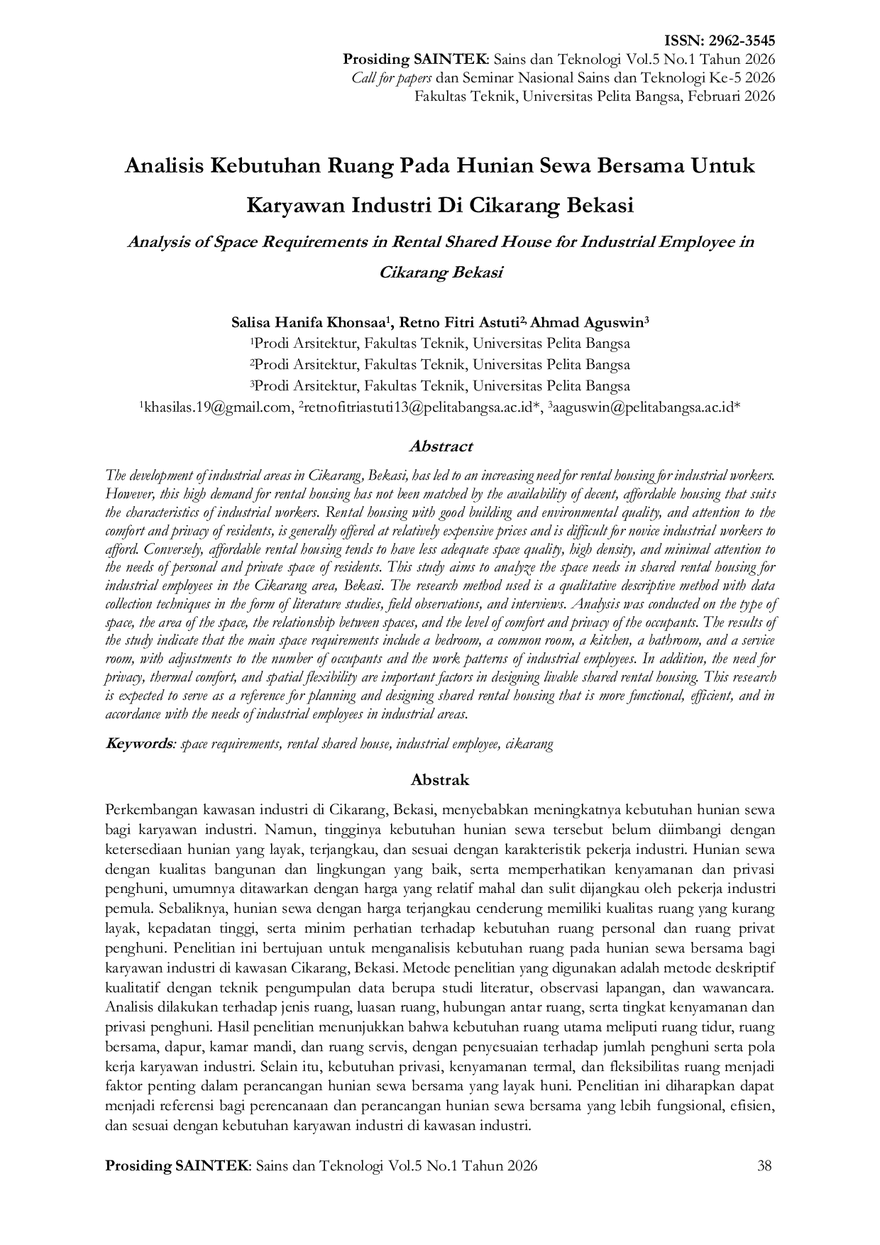 JURIS Analisis Kebutuhan Ruang Pada Hunian Sewa Bersama Untuk Karyawan Industri Di Cikarang Bekasi