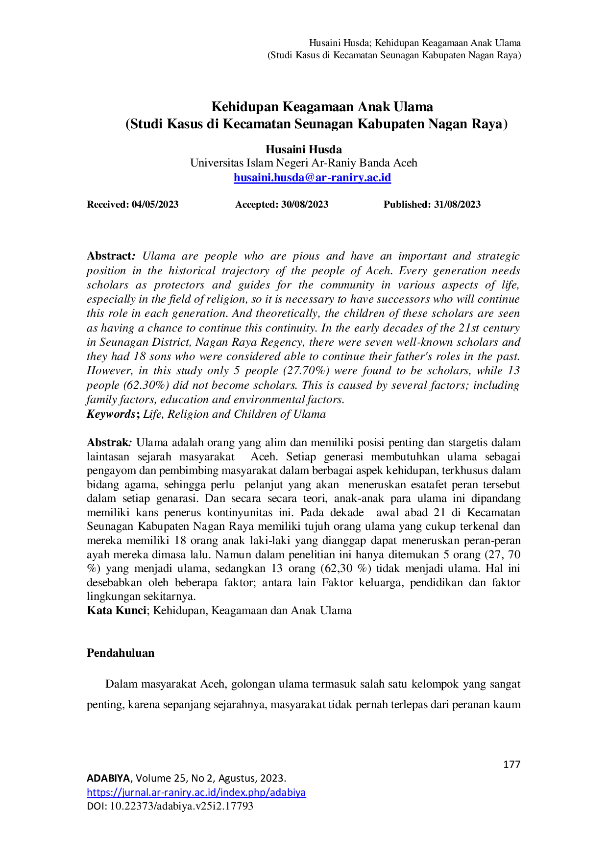 JURIS Kehidupan Keagamaan Anak Ulama Studi Kasus di Kecamatan Seunagan Kabupaten Nagan Raya