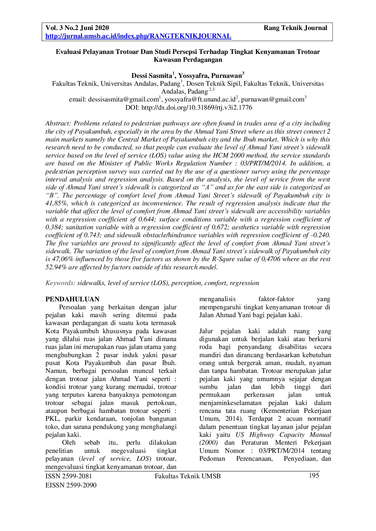 JURIS Evaluasi Pelayanan Trotoar Dan Studi Persepsi Terhadap Tingkat Kenyamanan Trotoar Kawasan Perdagangan