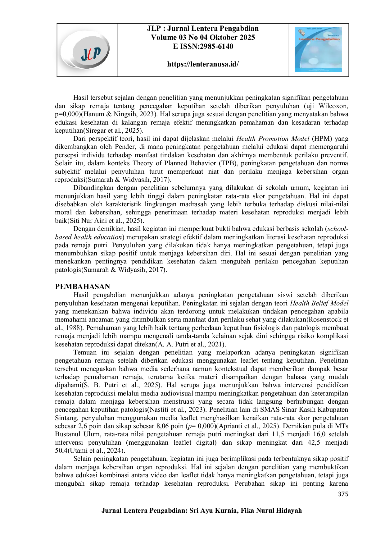 JURIS Efektivitas Penyuluhan Kesehatan Terhadap Peningkatan Pengetahuan Remaja Tentang Keputihan di MTSN 1 Babakan