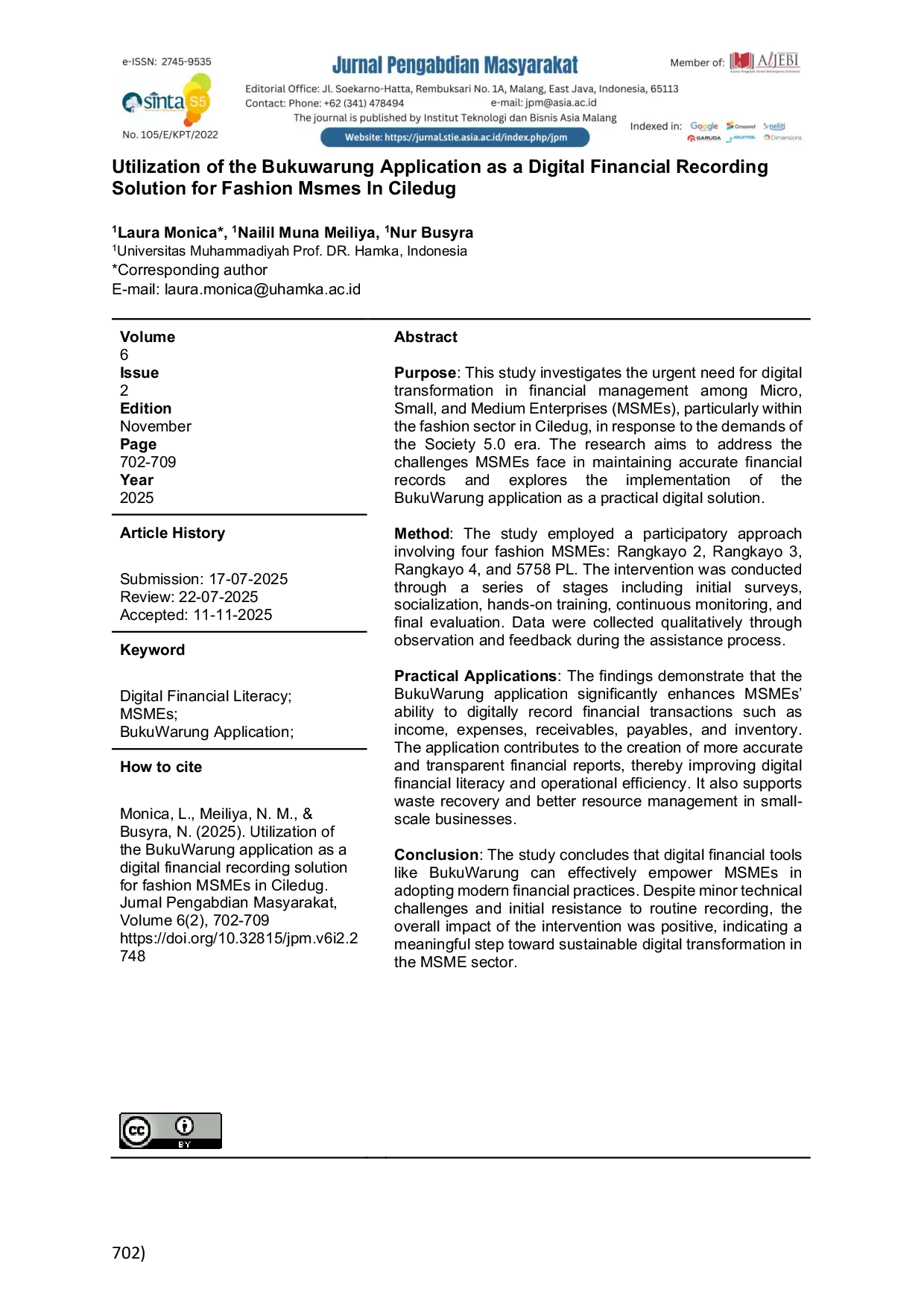 JURIS Utilization of the Bukuwarung Application as a Digital Financial Recording Solution for Fashion Msmes In Ciledug