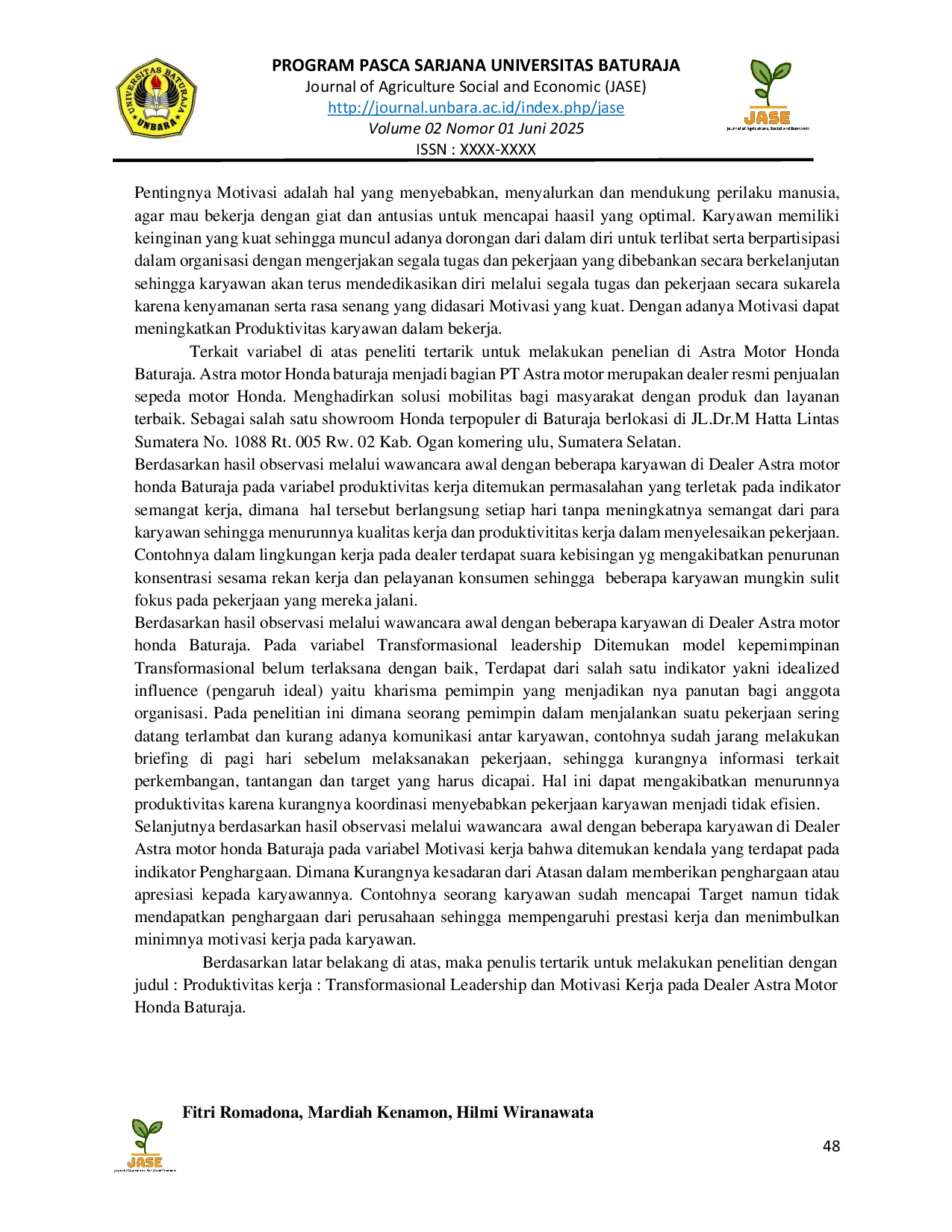 JURIS Produktivitas Kerja Kepemimpinan Transformasional Dan Motivasi Kerja Pada Dealer Astra Motor Honda