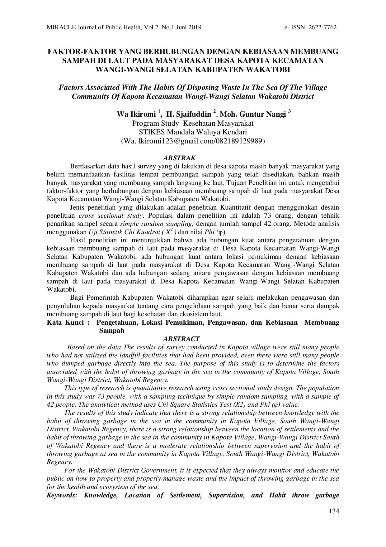 JURIS Faktor Faktor Yang Berhubungan Dengan Kebiasaan Membuang Sampah Di Laut Pada Masyarakat Desa Kapota Kecamatan Wangi Wangi Selatan Kabupaten Wakatobi