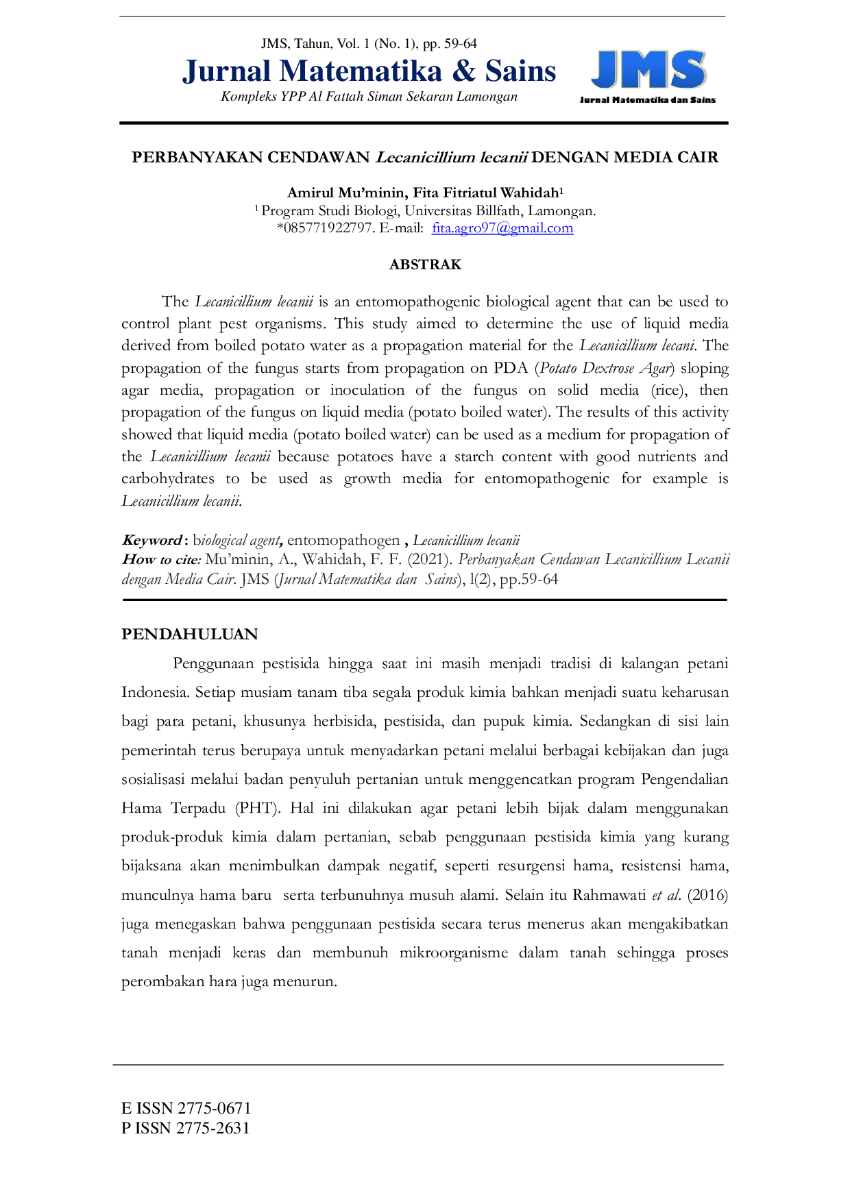 JURIS Perbanyakan Cendawan Lecanicillium Lecanii dengan Media Cair