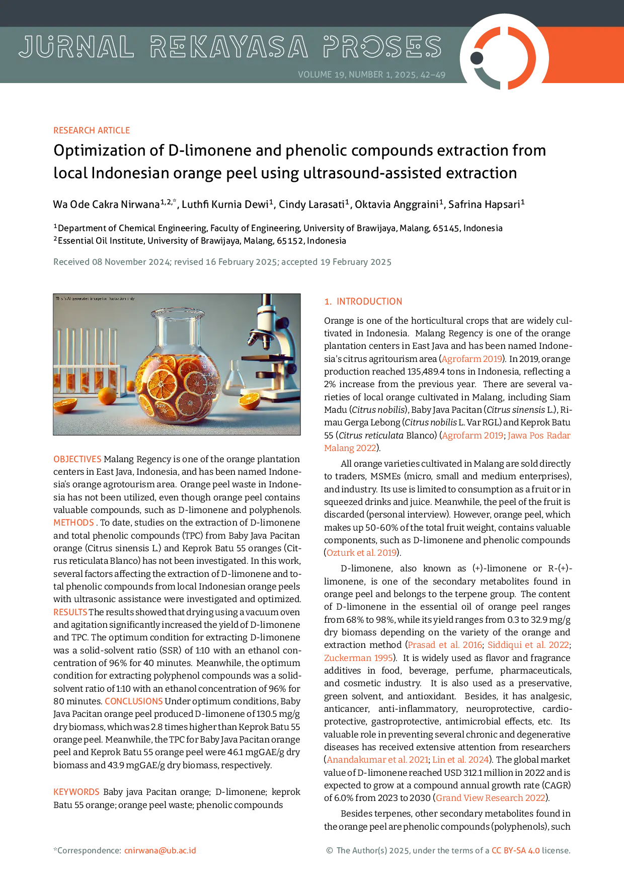 JURIS Optimization of D Limonene and Phenolic Compounds Extraction from Local Indonesian Orange Peel Using Ultrasound Assisted Extraction