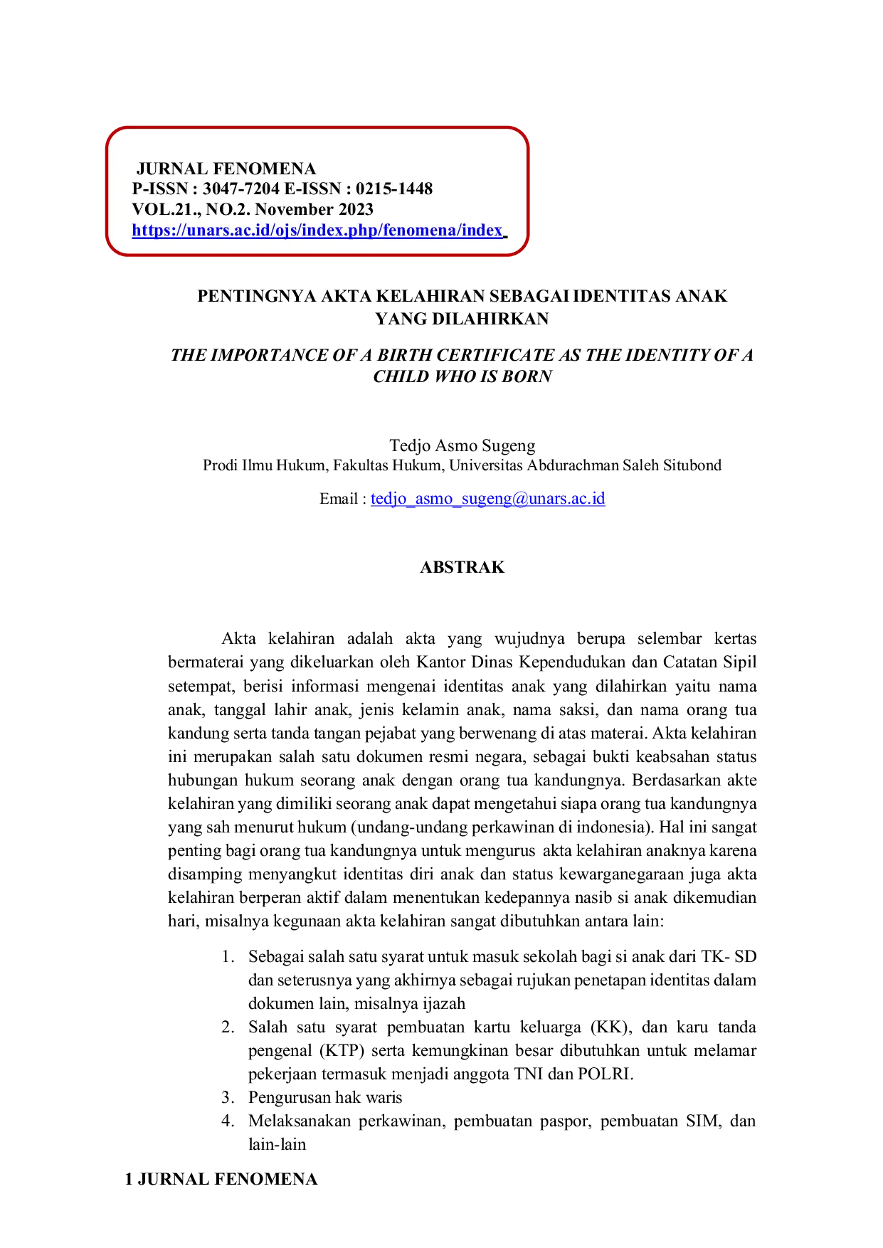 JURIS Pentingnya Akta Kelahiran Sebagai Identitas Anak Yang Dilahirkan