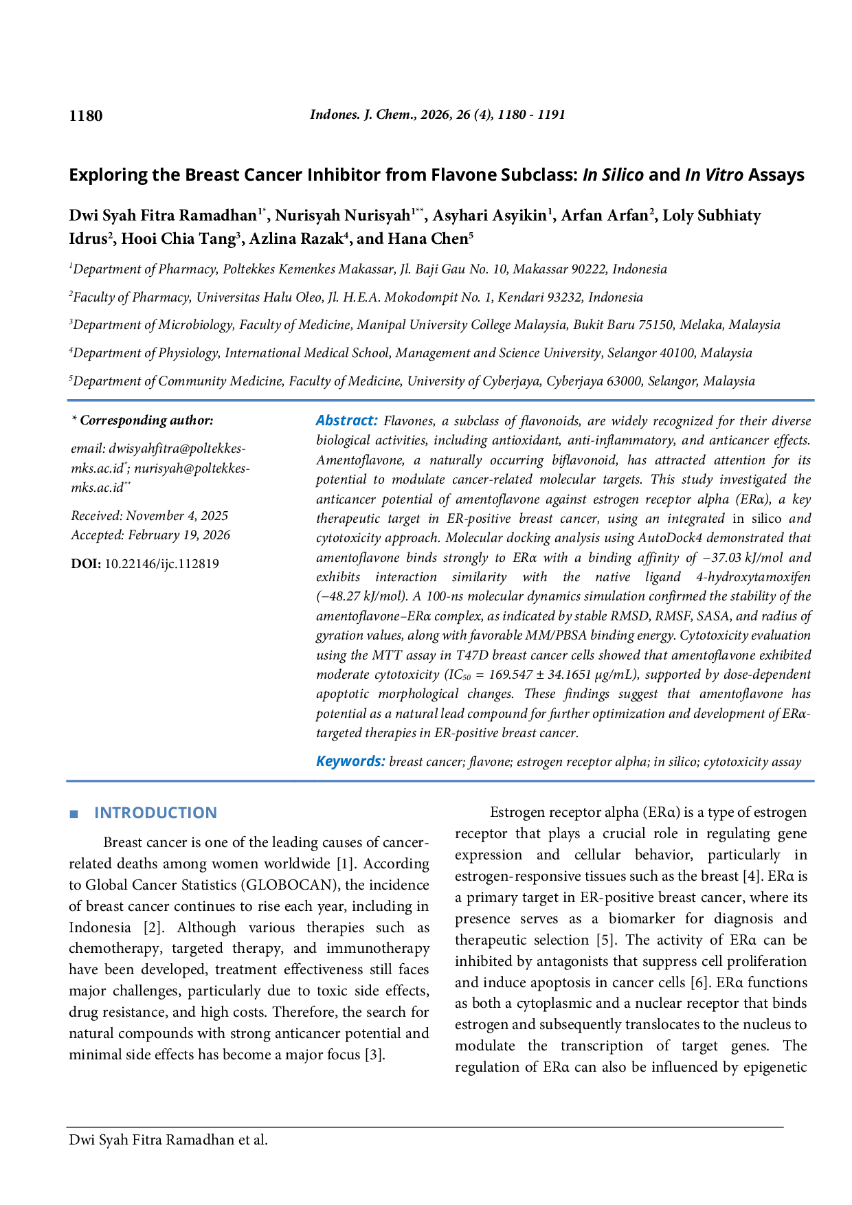 JURIS Exploring the Breast Cancer Inhibitor from Flavone Subclass In Silico and In Vitro Assays